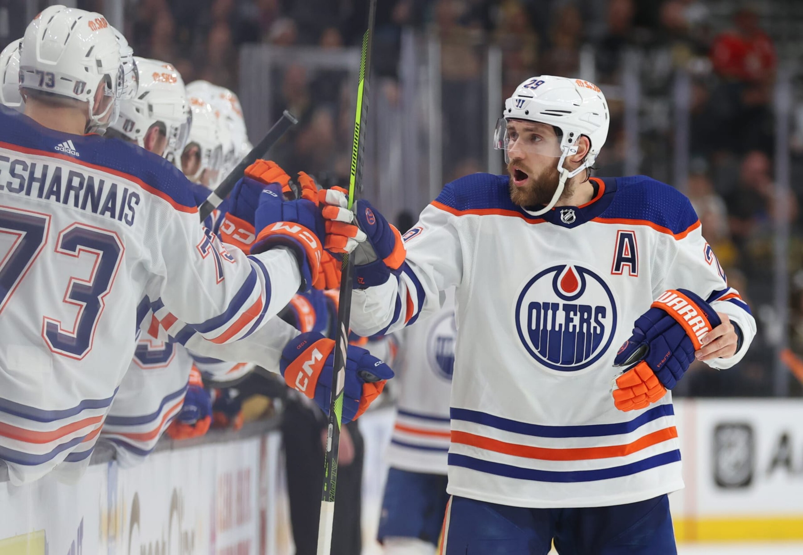 LAS VEGAS, NEVADA - MAY 03: Leon Draisaitl #29 of the  Edmonton Oilers celebrates after scoring a goal during the first period against the Vegas Golden Knights in Game One of the Second Round of the 2023 Stanley Cup Playoffs at T-Mobile Arena on May 03, 2023 in Las Vegas, Nevada. (Photo by Zak Krill/NHLI via Getty Images)