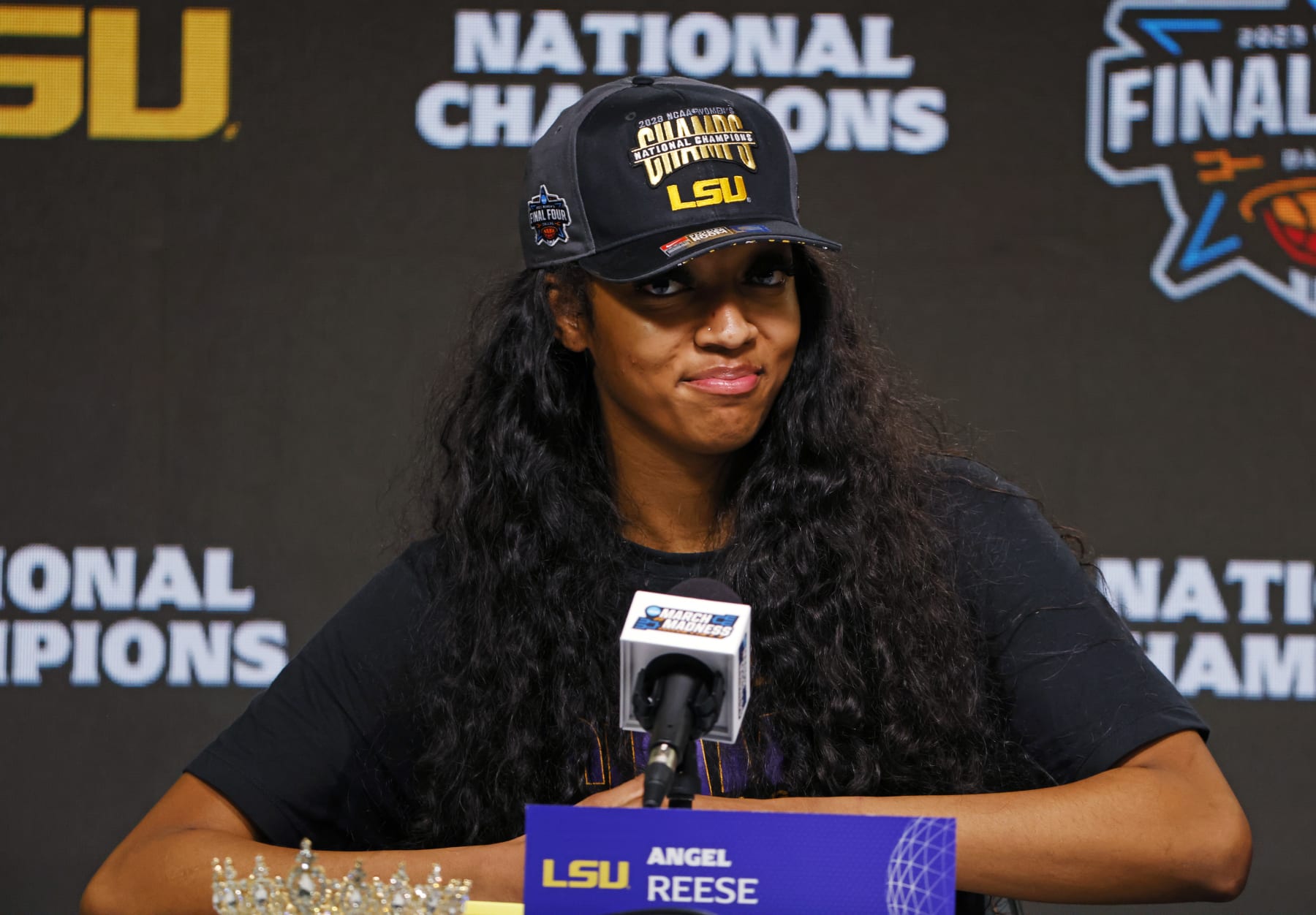 DALLAS, TEXAS - APRIL 02: Angel Reese #10 of the LSU Lady Tigers speaks during a press conference after the LSU Lady Tigers beat the Iowa Hawkeyes 102-85 during the 2023 NCAA Women's Basketball Tournament championship game at American Airlines Center on April 02, 2023 in Dallas, Texas. (Photo by Ron Jenkins/Getty Images)