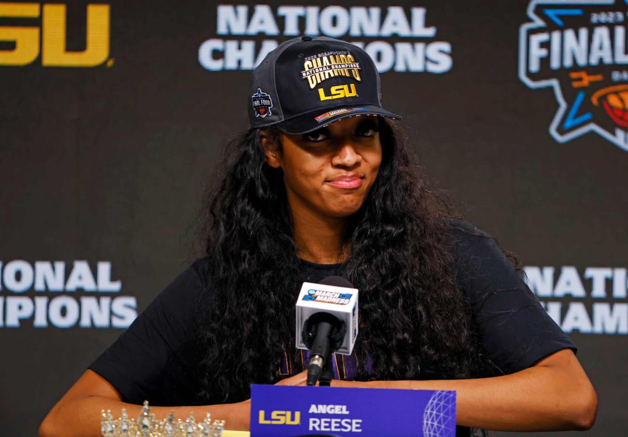 DALLAS, TEXAS - APRIL 02: Angel Reese #10 of the LSU Lady Tigers speaks during a press conference after the LSU Lady Tigers beat the Iowa Hawkeyes 102-85 during the 2023 NCAA Women's Basketball Tournament championship game at American Airlines Center on April 02, 2023 in Dallas, Texas. (Photo by Ron Jenkins/Getty Images)