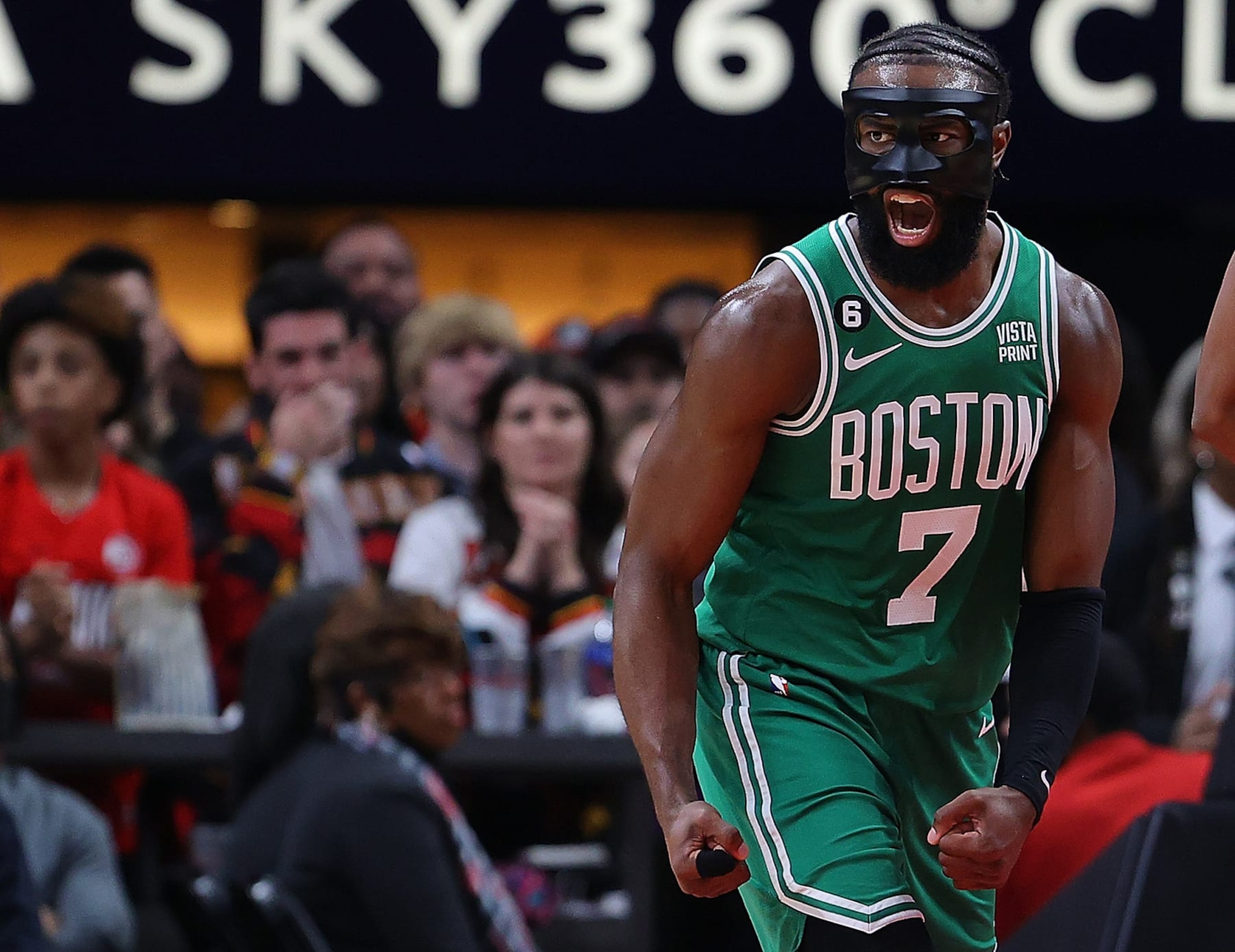 ATLANTA, GEORGIA - APRIL 27:  Jaylen Brown #7 of the Boston Celtics reacts after hitting a basket against the Atlanta Hawks during the fourth quarter of Game Six of the Eastern Conference First Round Playoffs at State Farm Arena on April 27, 2023 in Atlanta, Georgia.  NOTE TO USER: User expressly acknowledges and agrees that, by downloading and or using this photograph, User is consenting to the terms and conditions of the Getty Images License Agreement.  (Photo by Kevin C. Cox/Getty Images)