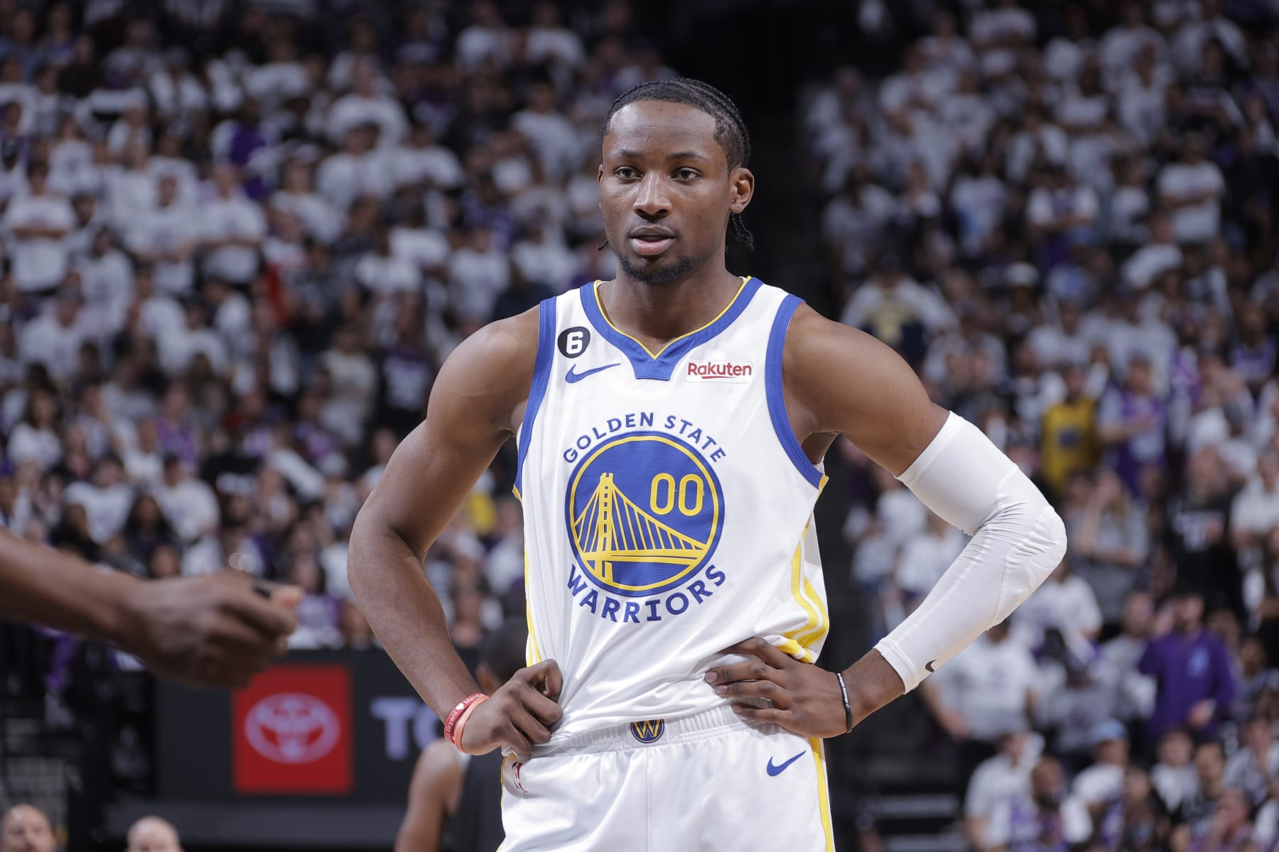 SACRAMENTO, CA - APRIL 15: Jonathan Kiminga #00 of the Golden State Warriors looks on during the game against the Sacramento Kings during Round 1 Game 1 of the 2023 NBA Playoffs on April 15, 2023 at Golden 1 Center in Sacramento, California. NOTE TO USER: User expressly acknowledges and agrees that, by downloading and or using this photograph, User is consenting to the terms and conditions of the Getty Images Agreement. Mandatory Copyright Notice: Copyright 2023 NBAE (Photo by Rocky Widner/NBAE via Getty Images)