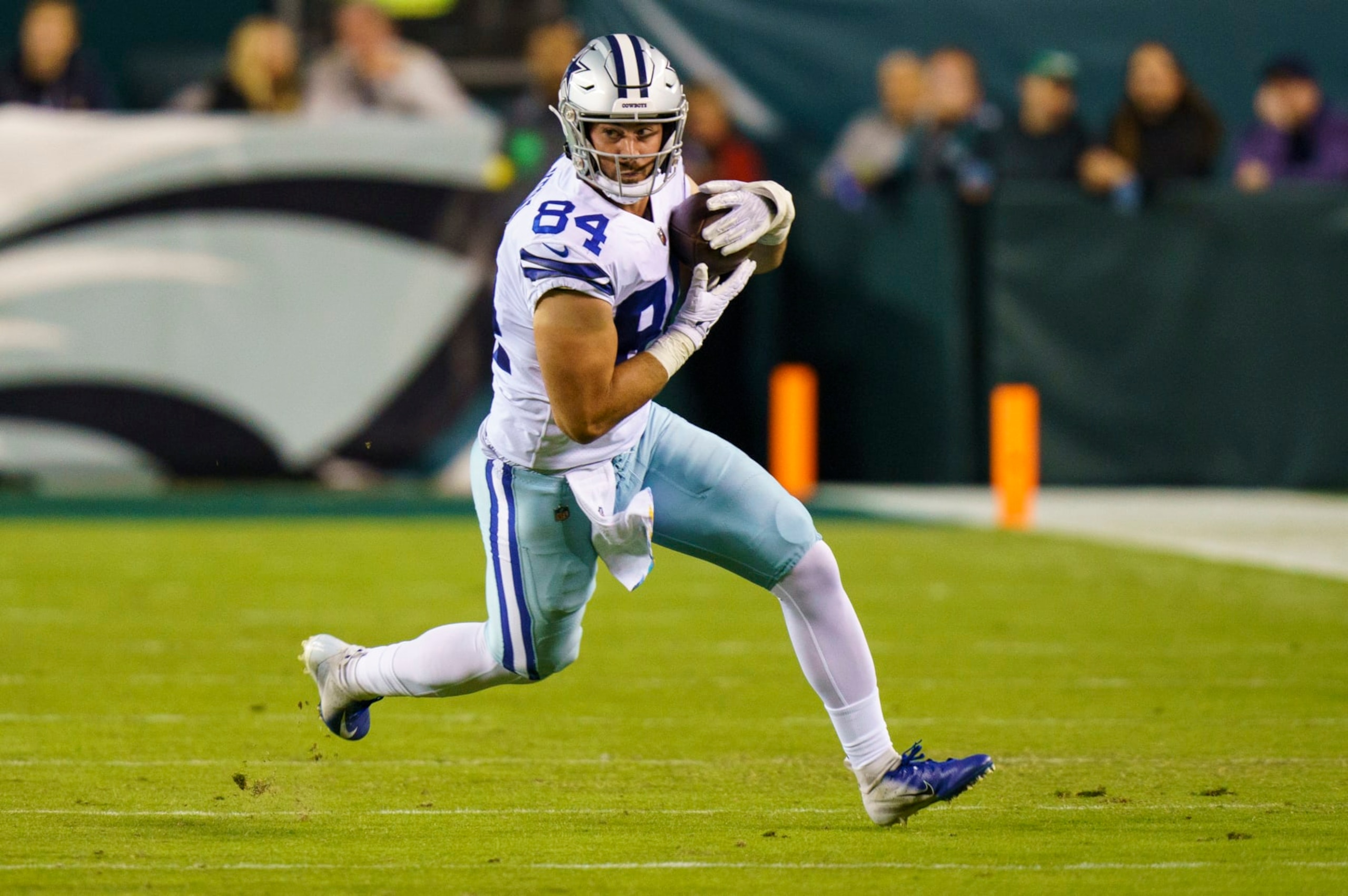 Dallas Cowboys tight end Sean McKeon (84) in action during the NFL football game against the Philadelphia Eagles, Sunday, Oct. 16, 2022, in Philadelphia. (AP Photo/Christopher Szagola)