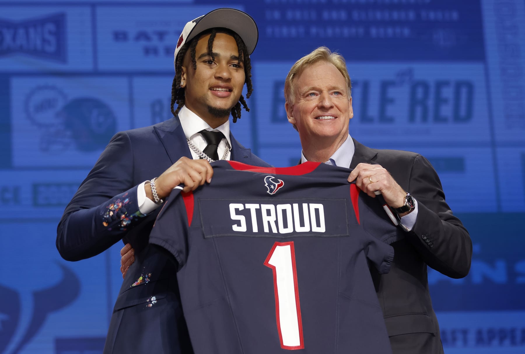 KANSAS CITY, MISSOURI - APRIL 27: (L-R) C.J. Stroud poses NFL Commissioner Roger Goodell after being selected second overall by the Houston Texans during the first round of the 2023 NFL Draft at Union Station on April 27, 2023 in Kansas City, Missouri. (Photo by David Eulitt/Getty Images) KANSAS CITY, MISSOURI - APRIL 27: (L-R) C.J. Stroud poses NFL Commissioner Roger Goodell after being selected second overall by the Houston Texans during the first round of the 2023 NFL Draft at Union Station on April 27, 2023 in Kansas City, Missouri. (Photo by David Eulitt/Getty Images)