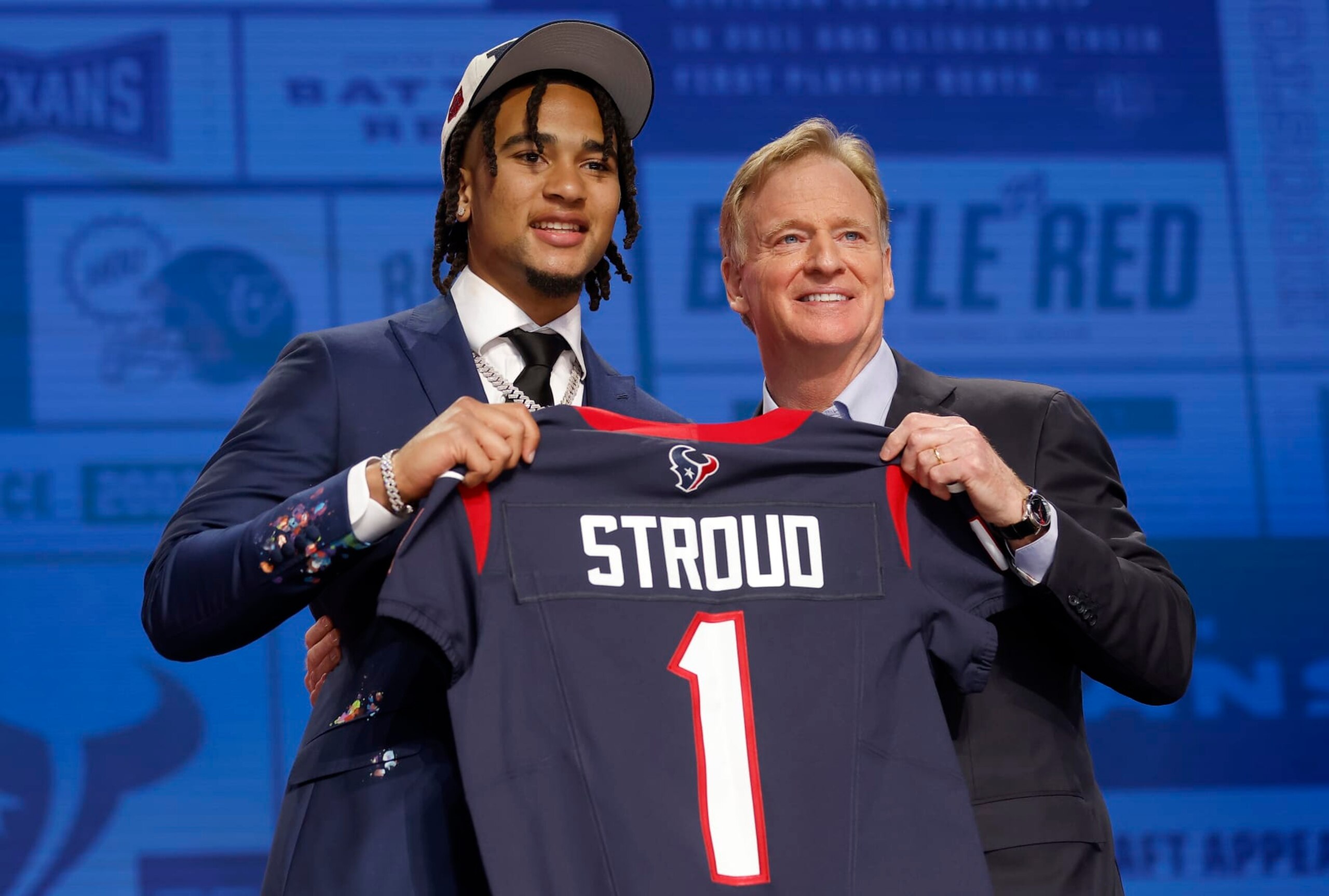 KANSAS CITY, MISSOURI - APRIL 27: (L-R) C.J. Stroud poses NFL Commissioner Roger Goodell after being selected second overall by the Houston Texans during the first round of the 2023 NFL Draft at Union Station on April 27, 2023 in Kansas City, Missouri. (Photo by David Eulitt/Getty Images)