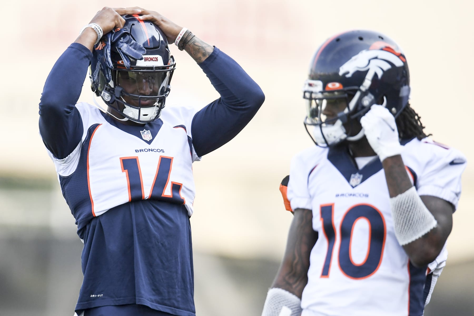ENGLEWOOD , CO - AUGUST 2: Courtland Sutton (14) of the Denver Broncos and Jerry Jeudy (10) gear up during training camp on Monday, August 2, 2021. (Photo by AAron Ontiveroz/MediaNews Group/The Denver Post via Getty Images)