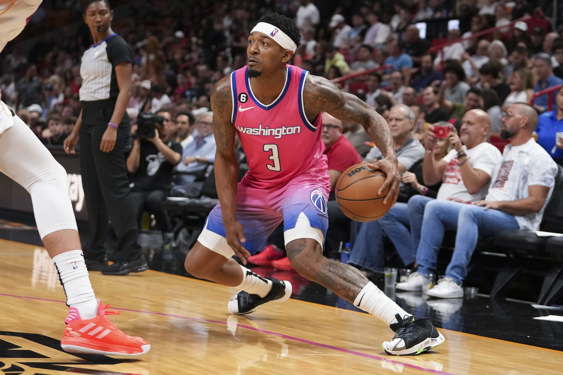 MIAMI, FLORIDA - NOVEMBER 25: Bradley Beal #3 of the Washington Wizards dribbles during the second half against the Miami Heat at FTX Arena on November 25, 2022 in Miami, Florida.  NOTE TO USER: User expressly acknowledges and agrees that,  by downloading and or using this photograph,  User is consenting to the terms and conditions of the Getty Images License Agreement. (Photo by Eric Espada/Getty Images)