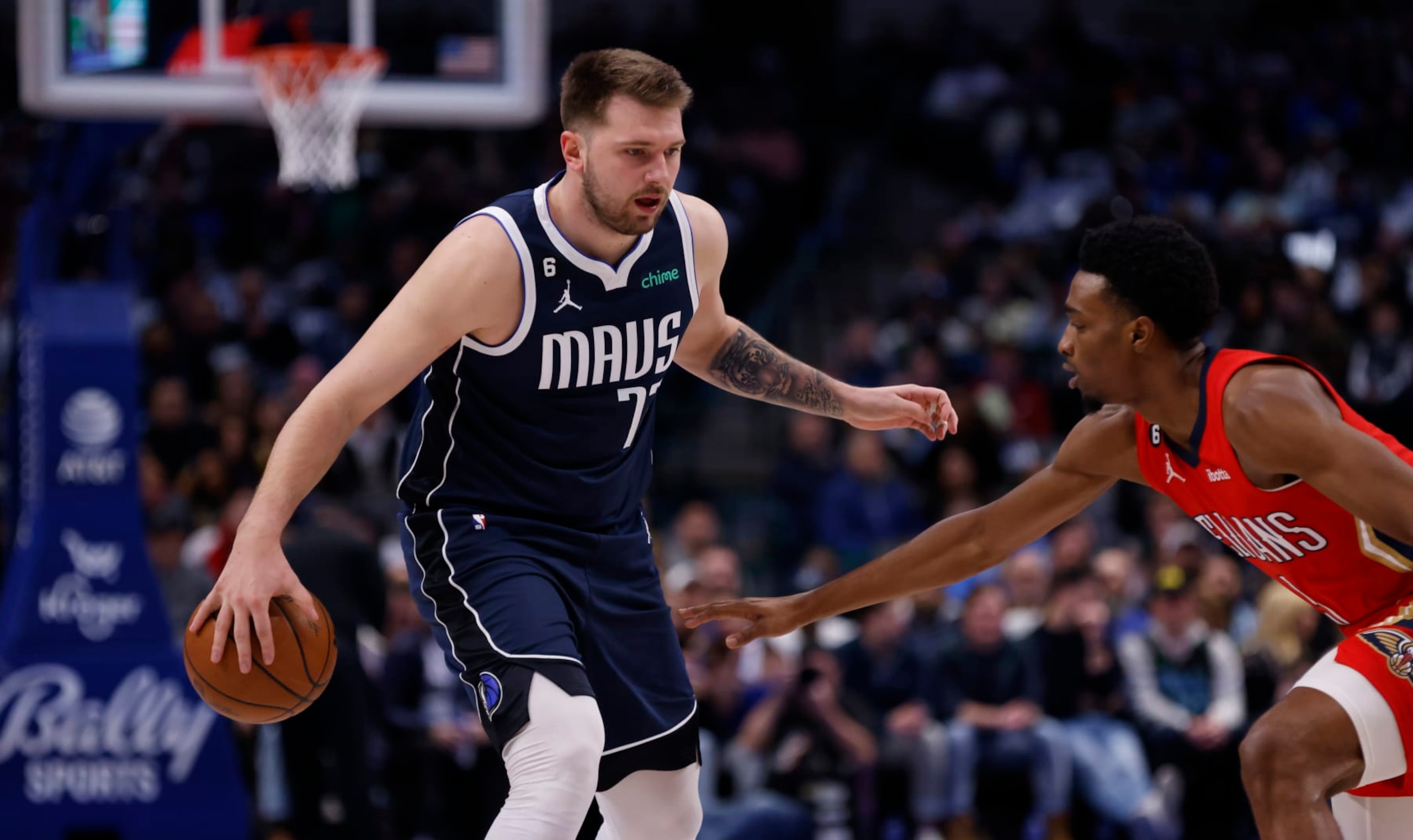 DALLAS, TX - FEBRUARY 2: Luka Doncic #77 of the Dallas Mavericks handles the ball against the New Orleans Pelicans in the first half at American Airlines Center on February 2, 2023 in Dallas, Texas. NOTE TO USER: User expressly acknowledges and agrees that, by downloading and or using this photograph, user is consenting to the terms and conditions of the Getty Images License Agreement. (Photo by Ron Jenkins/Getty Images) DALLAS, TX - FEBRUARY 2: Luka Doncic #77 of the Dallas Mavericks handles the ball against the New Orleans Pelicans in the first half at American Airlines Center on February 2, 2023 in Dallas, Texas. NOTE TO USER: User expressly acknowledges and agrees that, by downloading and or using this photograph, user is consenting to the terms and conditions of the Getty Images License Agreement. (Photo by Ron Jenkins/Getty Images)
