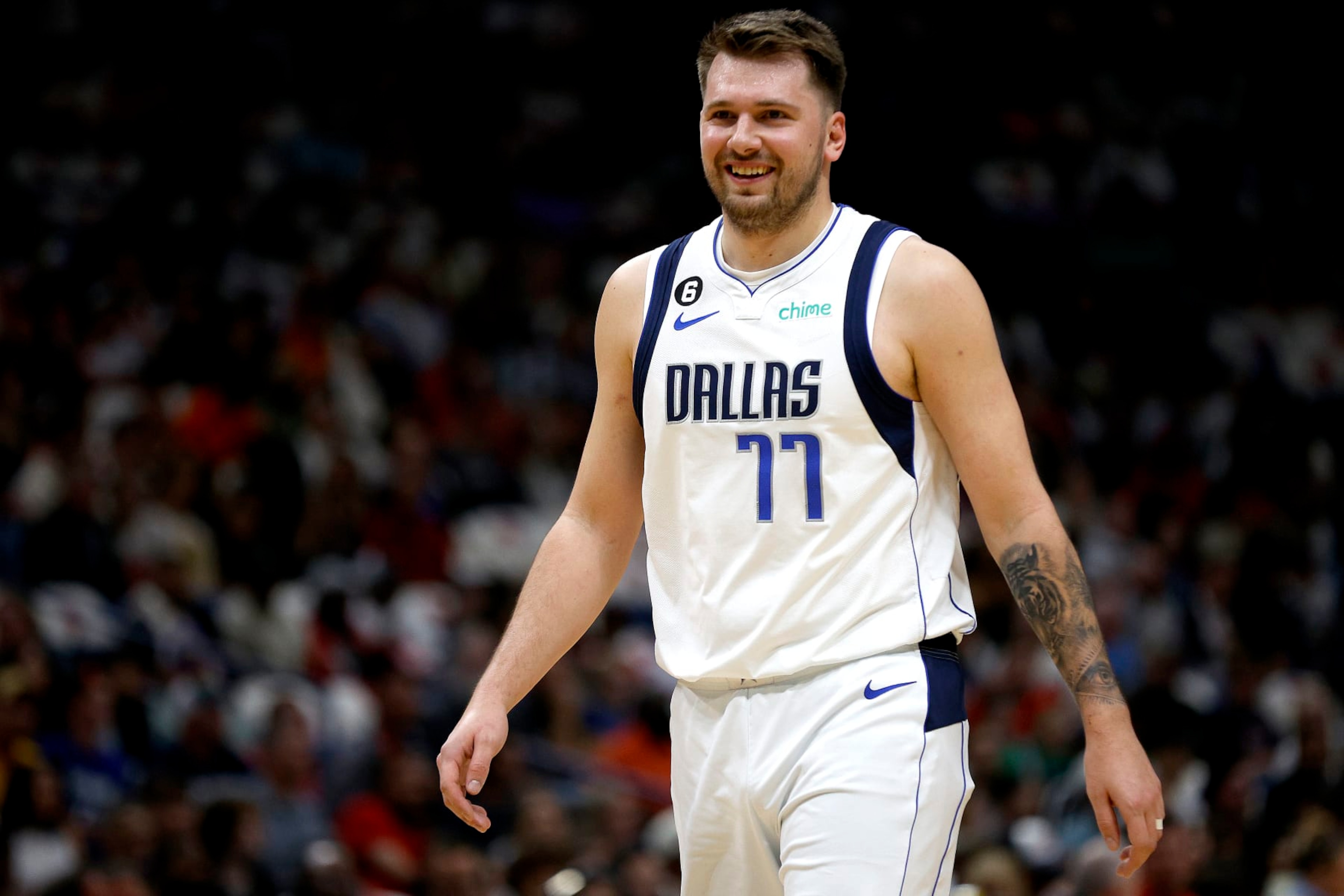 NEW ORLEANS, LOUISIANA - MARCH 08: Luka Doncic #77 of the Dallas Mavericks reacts to a call during the first quarter of an NBA game against the New Orleans Pelicans at Smoothie King Center on March 08, 2023 in New Orleans, Louisiana. NOTE TO USER: User expressly acknowledges and agrees that, by downloading and or using this photograph, User is consenting to the terms and conditions of the Getty Images License Agreement. (Photo by Sean Gardner/Getty Images)