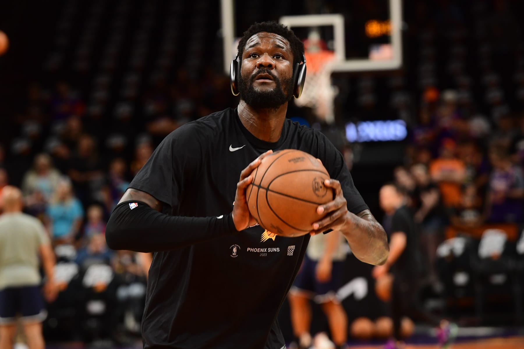 PHOENIX, AZ - MAY 7: Deandre Ayton #22 of the Phoenix Suns warms up before the game against the Denver Nuggets during the Western Conference Semi Finals of the 2023 NBA Playoffs on May 7, 2022 at Footprint Center in Phoenix, Arizona. NOTE TO USER: User expressly acknowledges and agrees that, by downloading and or using this photograph, user is consenting to the terms and conditions of the Getty Images License Agreement. Mandatory Copyright Notice: Copyright 2022 NBAE (Photo by Kate Frese/NBAE via Getty Images)