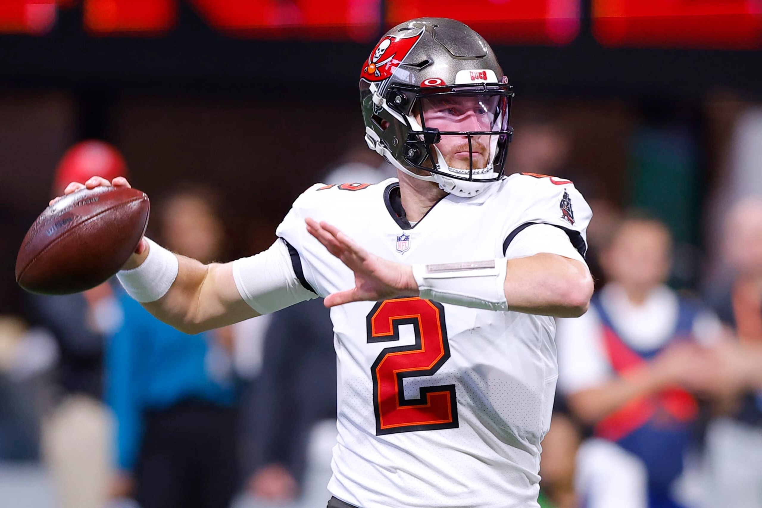 ATLANTA, GEORGIA - JANUARY 08: Kyle Trask #2 of the Tampa Bay Buccaneers throws the ball during the fourth quarter against the Atlanta Falcons at Mercedes-Benz Stadium on January 08, 2023 in Atlanta, Georgia. (Photo by Todd Kirkland/Getty Images)