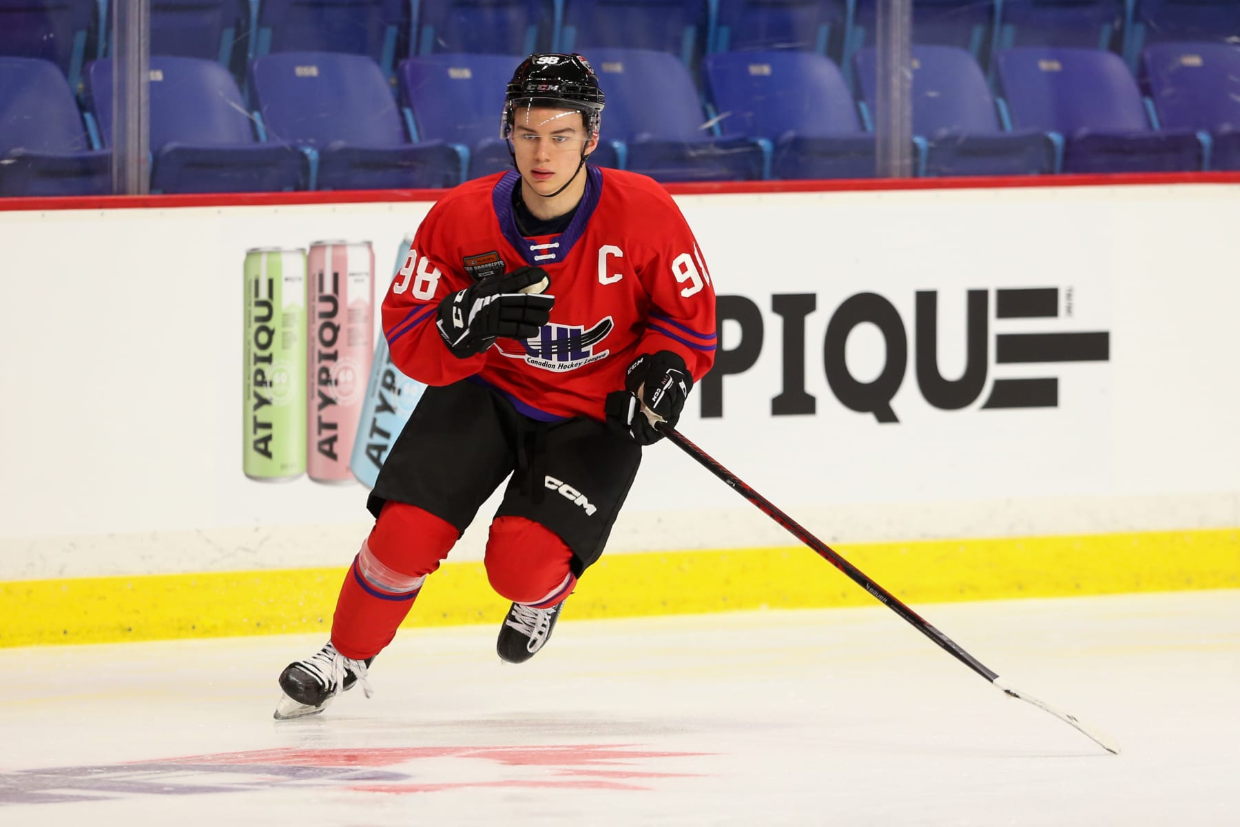 LANGLEY, BRITISH COLUMBIA - JANUARY 25: Forward Connor Bedard #98 of the Regina Pats skates for Team Red during the 2023 Kubota CHL Top Prospects Game Practice at the Langley Events Centre on January 25, 2023 in Langley, British Columbia. (Photo by Dennis Pajot/Getty Images)