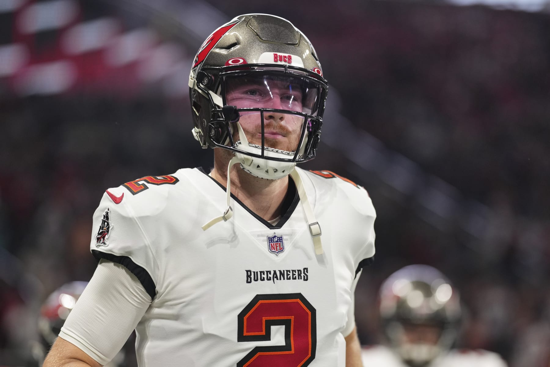 ATLANTA, GA - JANUARY 08: Kyle Trask #2 of the Tampa Bay Buccaneers runs onto the field during introductions against the Atlanta Falcons at Mercedes-Benz Stadium on January 8, 2023 in Atlanta, Georgia. (Photo by Cooper Neill/Getty Images) ATLANTA, GA - JANUARY 08: Kyle Trask #2 of the Tampa Bay Buccaneers runs onto the field during introductions against the Atlanta Falcons at Mercedes-Benz Stadium on January 8, 2023 in Atlanta, Georgia. (Photo by Cooper Neill/Getty Images)