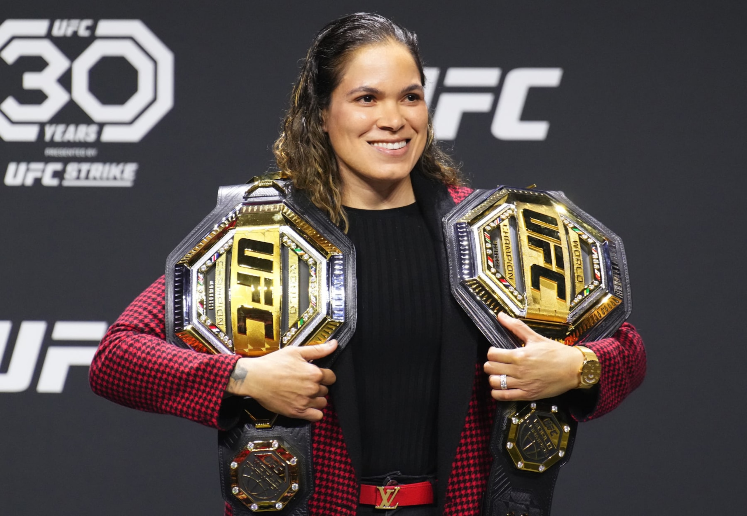 NEWARK, NEW JERSEY - MAY 05: Two-division champion Amanda Nunes is seen on stage during the UFC 289 press conference at Prudential Center on May 05, 2023 in Newark, New Jersey. (Photo by Chris Unger/Zuffa LLC via Getty Images)