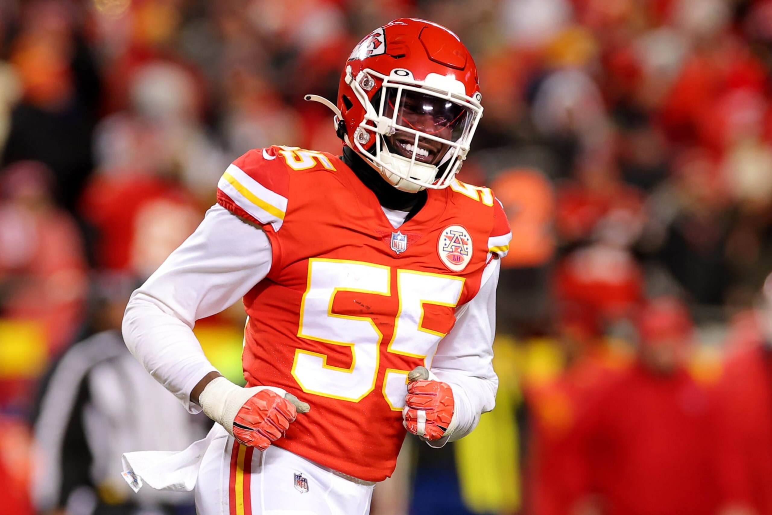 KANSAS CITY, MISSOURI - JANUARY 29: Frank Clark #55 of the Kansas City Chiefs reacts after a sack against the Cincinnati Bengals during the first quarter in the AFC Championship Game at GEHA Field at Arrowhead Stadium on January 29, 2023 in Kansas City, Missouri. (Photo by Kevin C. Cox/Getty Images)
