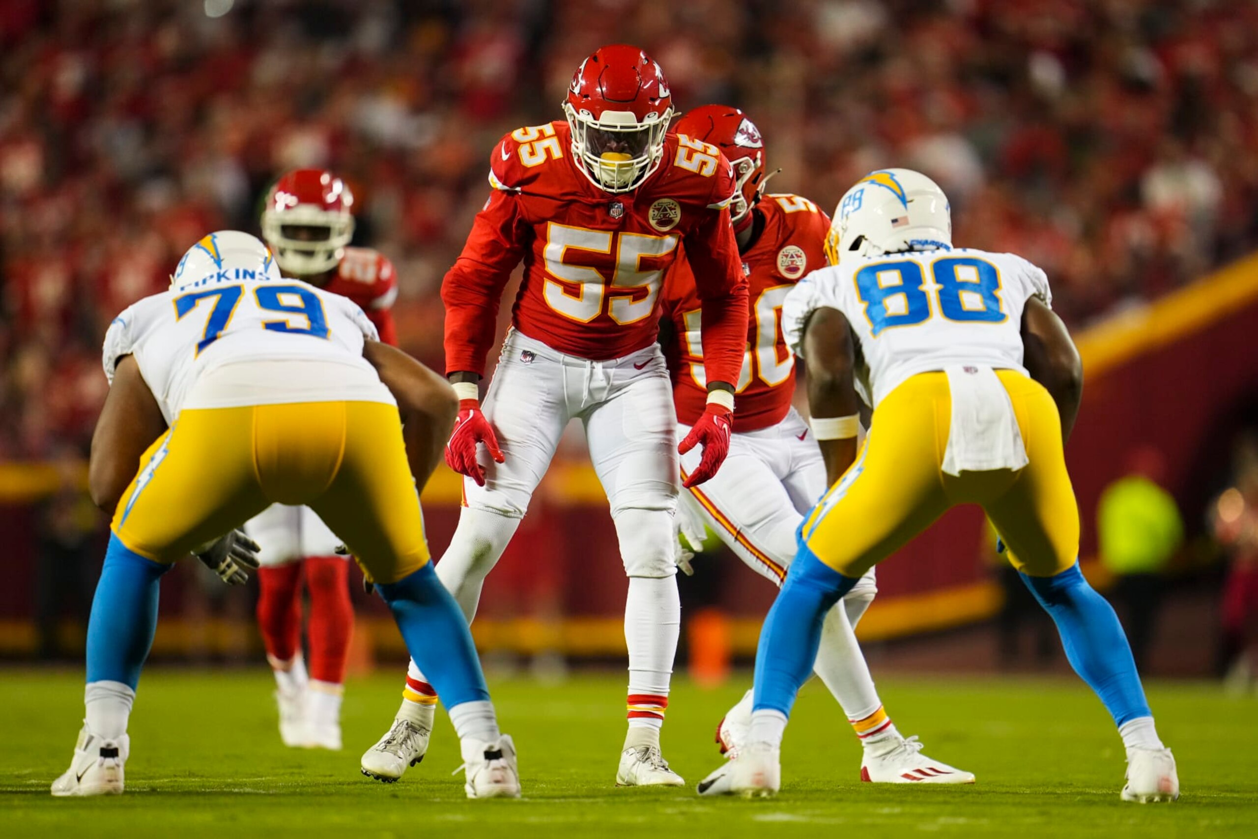 KANSAS CITY, MO - SEPTEMBER 15: Frank Clark #55 of the Kansas City Chiefs defends against the Los Angeles Chargers at GEHA Field at Arrowhead Stadium on September 15, 2022 in Kansas City, Missouri. (Photo by Cooper Neill/Getty Images)