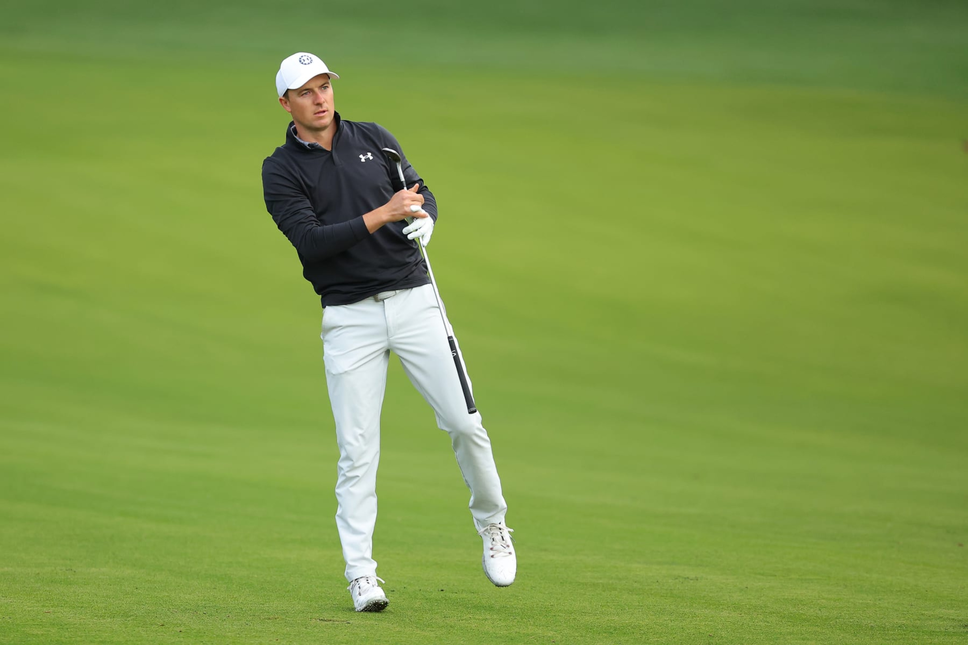 CHARLOTTE, NORTH CAROLINA - MAY 05: Jordan Spieth of the United States reacts to an approach shot on the tenth hole during the second round of the Wells Fargo Championship at Quail Hollow Country Club on May 05, 2023 in Charlotte, North Carolina. (Photo by Kevin C. Cox/Getty Images)