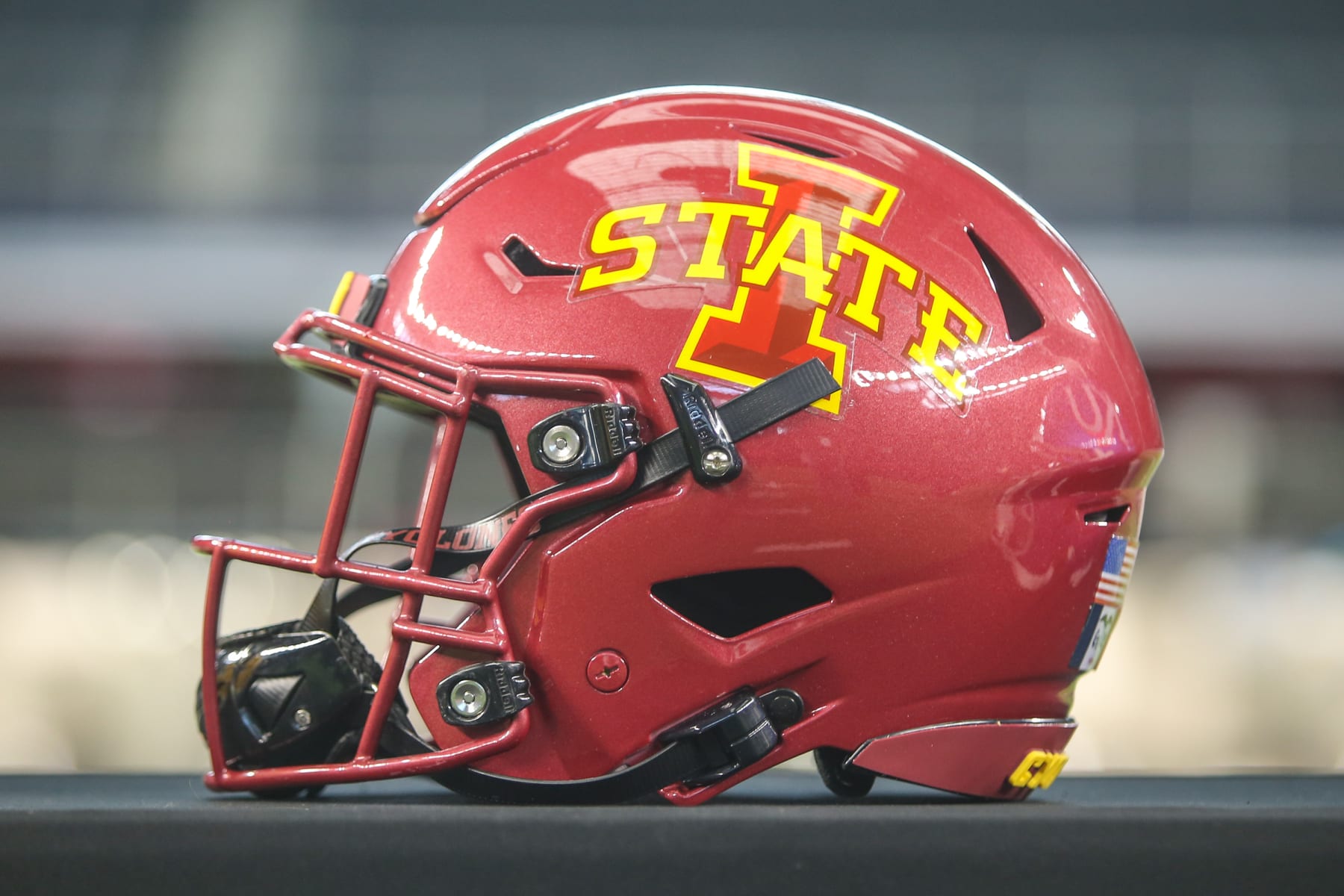 ARLINGTON, TX - JULY 14: Iowa State football helmet on display during the Big 12 Conference football media days on July 14, 2021 at AT&T Stadium in Arlington, TX. (Photo by George Walker/Icon Sportswire via Getty Images)
