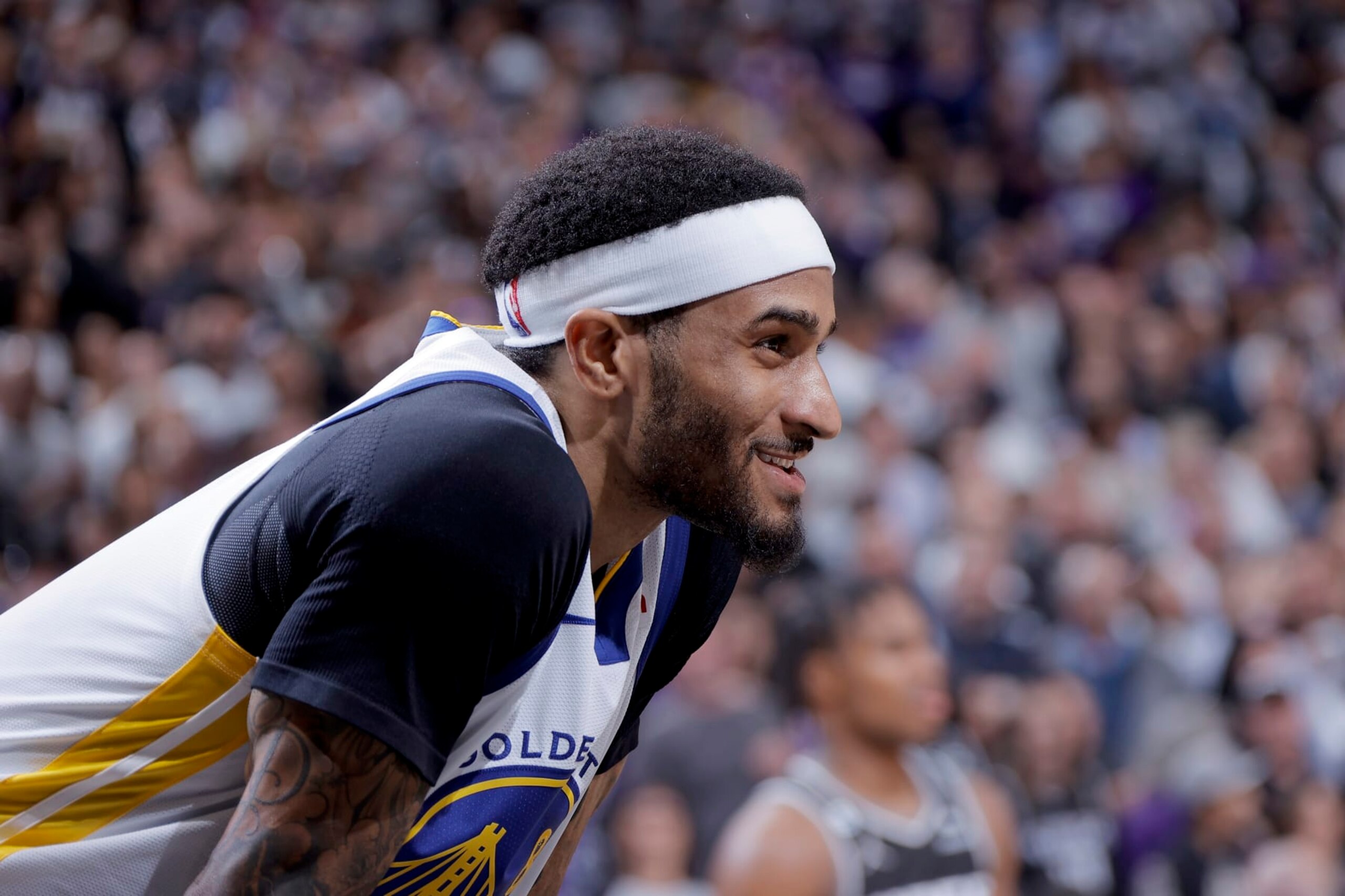 SACRAMENTO, CA - APRIL 17:  Gary Payton II #8 of the Golden State Warriors smiles during the game against the Sacramento Kings during Round 1 Game 2 of the 2023 NBA Playoffs on April 17, 2023 at Golden 1 Center in Sacramento, California. NOTE TO USER: User expressly acknowledges and agrees that, by downloading and or using this Photograph, user is consenting to the terms and conditions of the Getty Images License Agreement. Mandatory Copyright Notice: Copyright 2023 NBAE (Photo by Rocky Widner/NBAE via Getty Images)