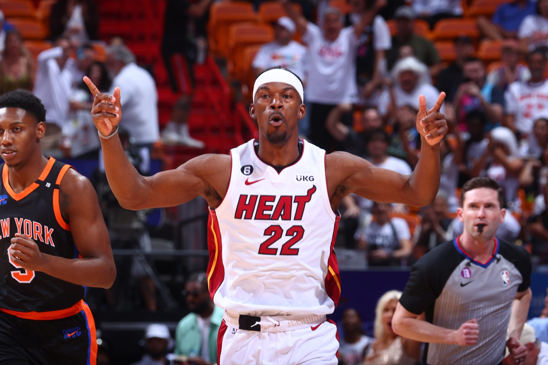 MIAMI, FL - MAY 8: Jimmy Butler #22 of the Miami Heat celebrates during Game Four of the Eastern Conference Semi-Finals of the 2023 NBA Playoffs against the New York Knicks on May 8, 2023 at Miami-Dade Arena in Miami, Florida. NOTE TO USER: User expressly acknowledges and agrees that, by downloading and or using this Photograph, user is consenting to the terms and conditions of the Getty Images License Agreement. Mandatory Copyright Notice: Copyright 2023 NBAE (Photo by Nathaniel S. Butler/NBAE via Getty Images)