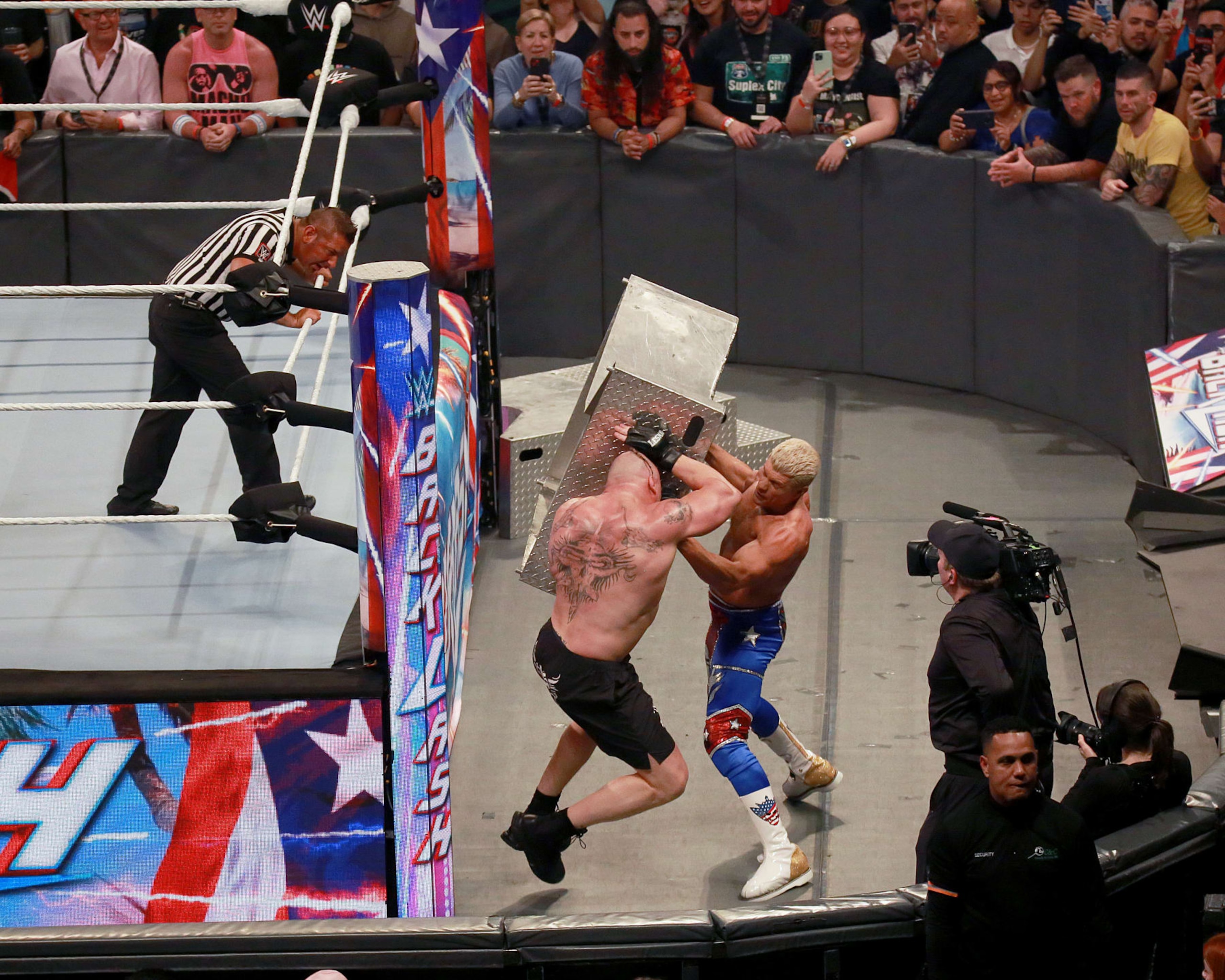 SAN JUAN, PUERTO RICO - MAY 06: Cody Rhodes and Brock Lesnar wrestle during the WWE Backlash at Coliseo de Puerto Rico José Miguel Agrelot on May 06, 2023 in San Juan, Puerto Rico.(Photo by Gladys Vega/ Getty Images)