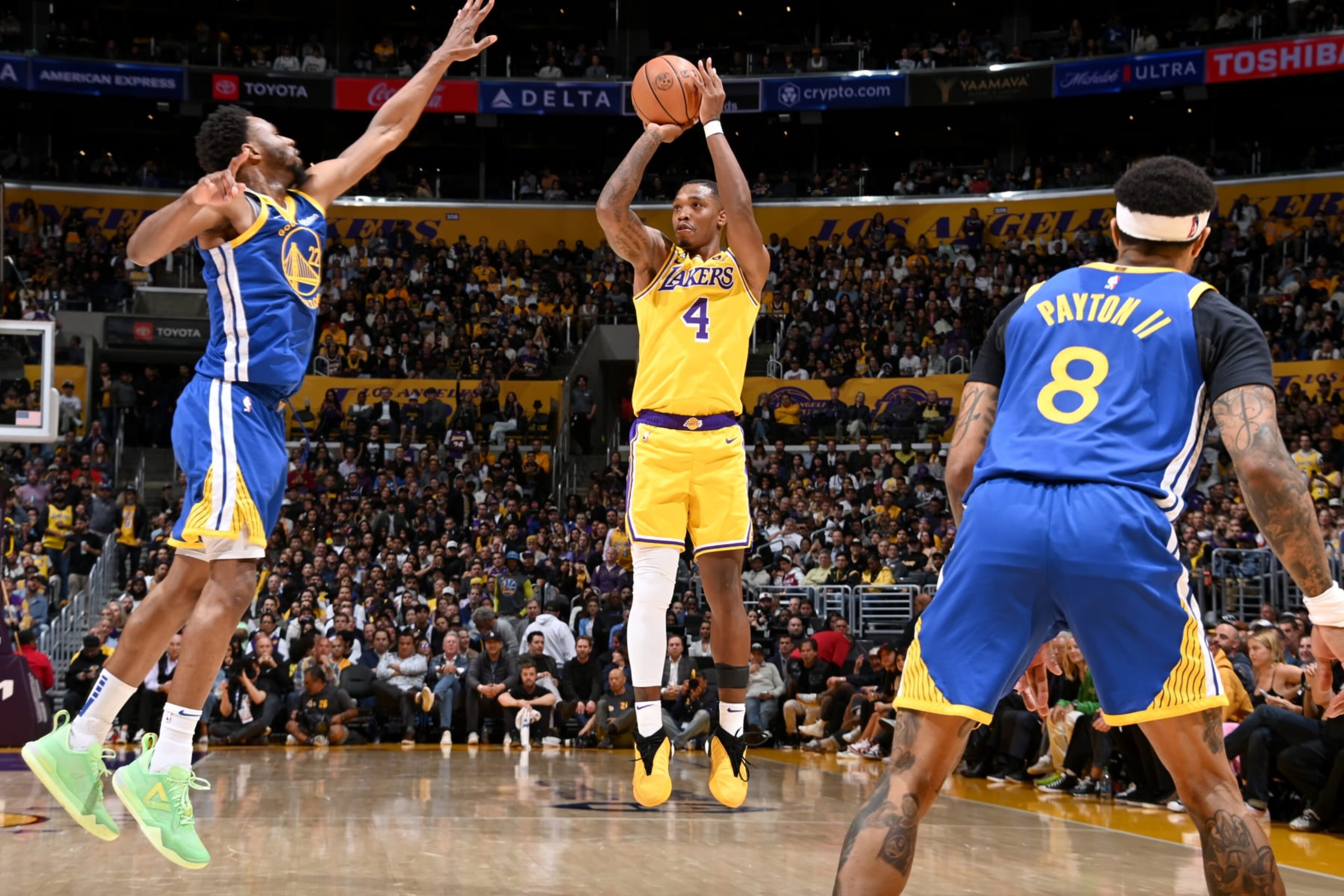 LOS ANGELES, CA - MAY 8: Lonnie Walker IV #4 of the Los Angeles Lakers shoots a three point basket during the game against the Golden State Warriors during Game 4 of the 2023 NBA Playoffs Western Conference Semi Finals on May 8, 2023 at Crypto.Com Arena in Los Angeles, California. NOTE TO USER: User expressly acknowledges and agrees that, by downloading and/or using this Photograph, user is consenting to the terms and conditions of the Getty Images License Agreement. Mandatory Copyright Notice: Copyright 2023 NBAE (Photo by Andrew D. Bernstein/NBAE via Getty Images) LOS ANGELES, CA - MAY 8: Lonnie Walker IV #4 of the Los Angeles Lakers shoots a three point basket during the game against the Golden State Warriors during Game 4 of the 2023 NBA Playoffs Western Conference Semi Finals on May 8, 2023 at Crypto.Com Arena in Los Angeles, California. NOTE TO USER: User expressly acknowledges and agrees that, by downloading and/or using this Photograph, user is consenting to the terms and conditions of the Getty Images License Agreement. Mandatory Copyright Notice: Copyright 2023 NBAE (Photo by Andrew D. Bernstein/NBAE via Getty Images)