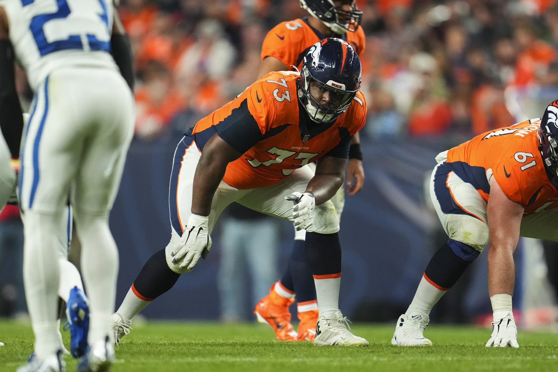 DENVER, CO - OCTOBER 06: Cameron Fleming #73 of the Denver Broncos gets set against the Indianapolis Colts at Empower Field at Mile High on October 6, 2022 in Denver, Texas. (Photo by Cooper Neill/Getty Images)