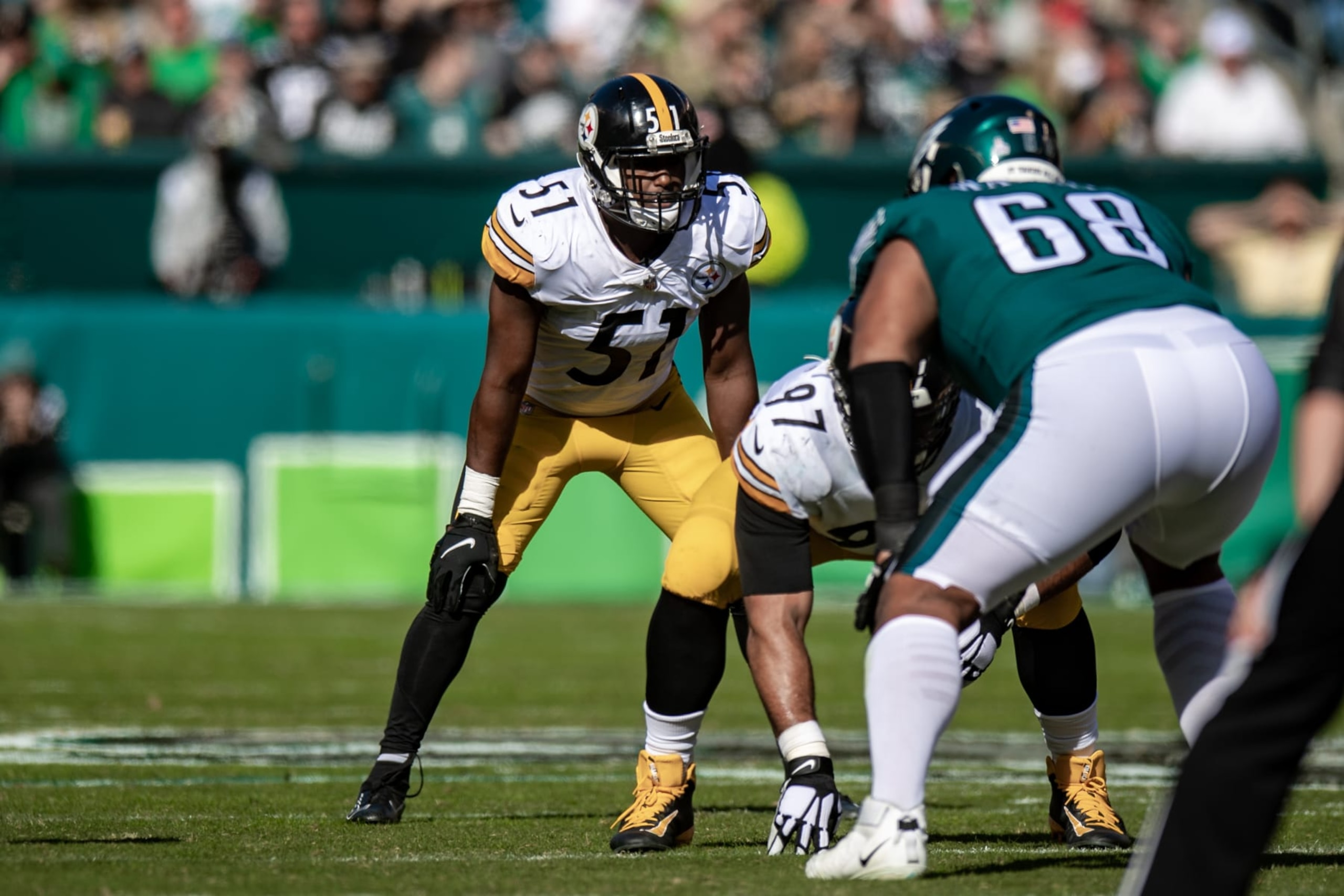 PHILADELPHIA, PA - OCTOBER 30: Pittsburgh Steelers linebacker Myles Jack (51) during the game between the Pittsburgh Steelers and Philadelphia Eagles on Sunday, October 30, 2022 at Lincoln Financial Field in Philadelphia, PA (Photo by John Jones/Icon Sportswire via Getty Images)