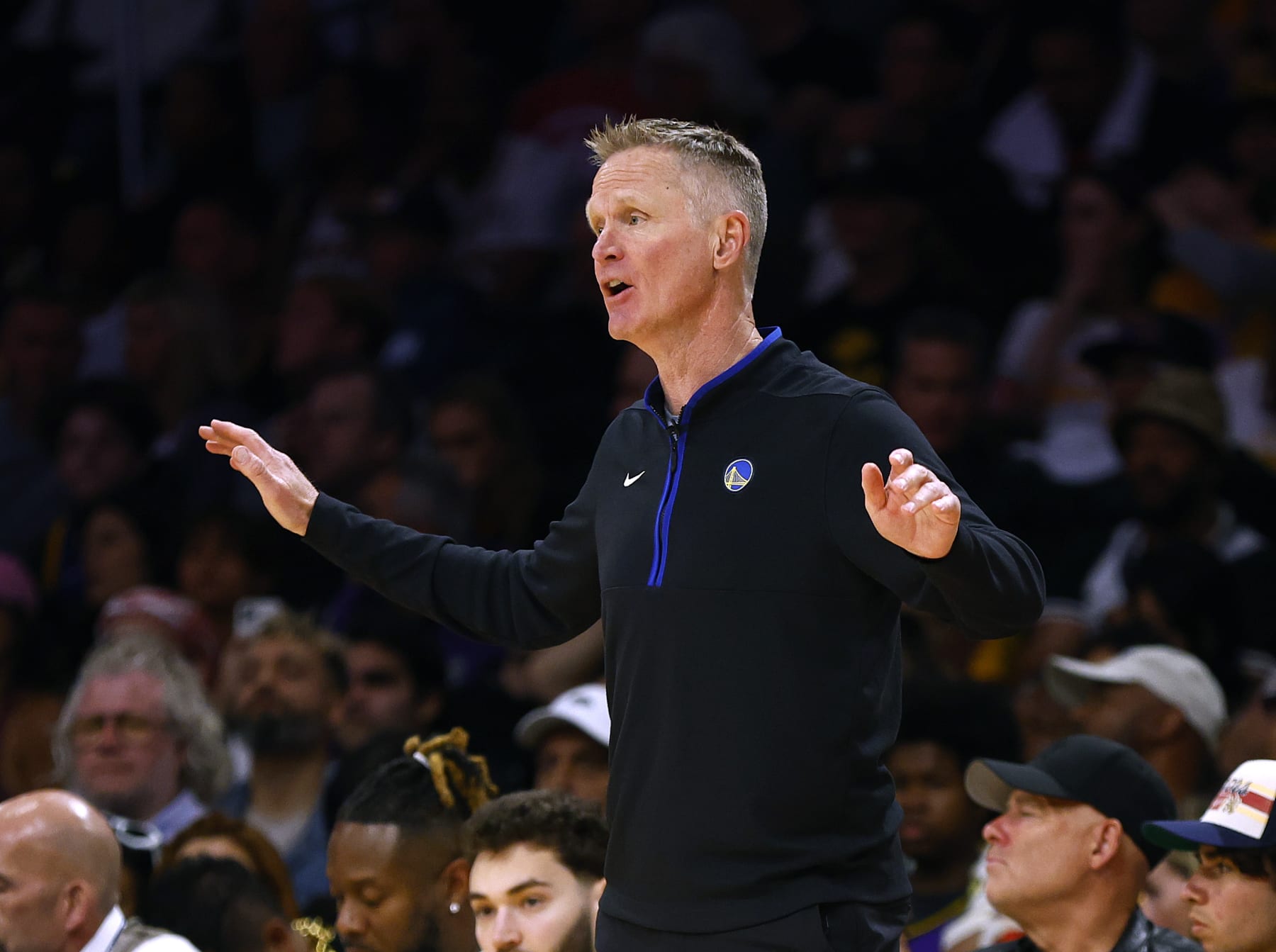 LOS ANGELES, CALIFORNIA - MAY 06: Steve Kerr of the Golden State Warriors reacts to play on the sidelines during the first half against the Los Angeles Lakers in game three of the Western Conference Semifinal Playoffs at Crypto.com Arena on May 06, 2023 in Los Angeles, California. NOTE TO USER: User expressly acknowledges and agrees that, by downloading and or using this photograph, User is consenting to the terms and conditions of the Getty Images License Agreement.  (Photo by Ronald Martinez/Getty Images)