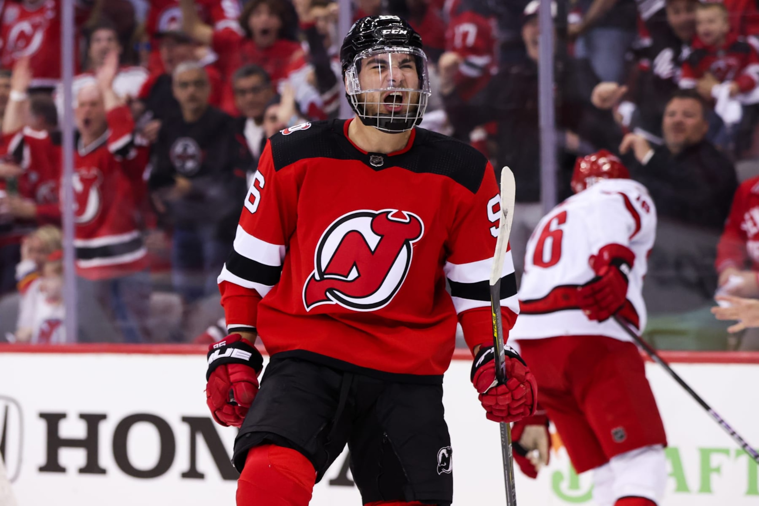 NEWARK, NJ - MAY 07: New Jersey Devils right wing Timo Meier (96) celebrates after scoring a goal during Game 3 of an Eastern Conference Second Round playoff game between the Carolina Hurricanes and the New Jersey Devils on May 7, 2023, at Prudential Center in Newark, New Jersey. (Photo by Andrew Mordzynski/Icon Sportswire via Getty Images)