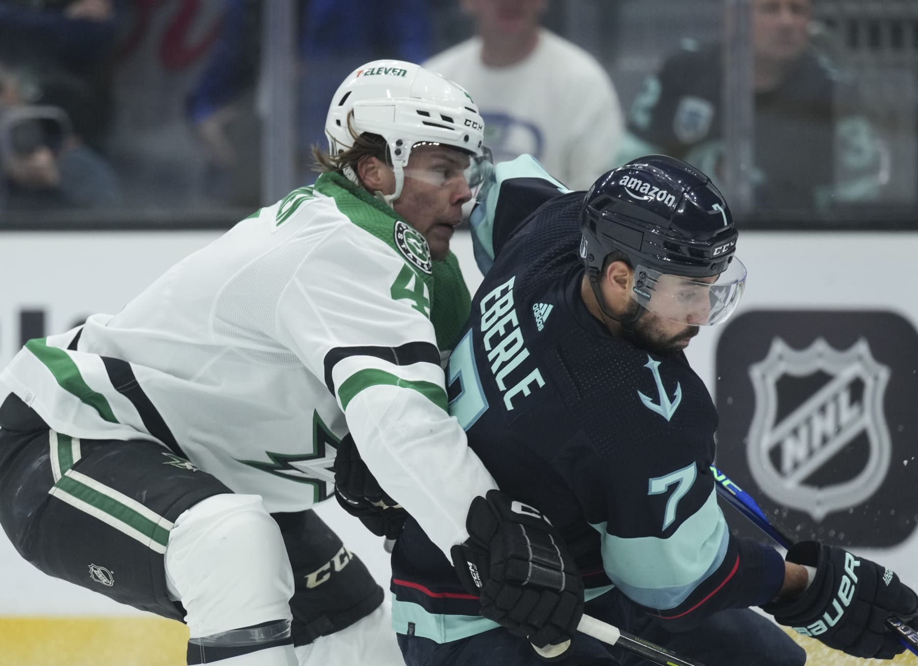 SEATTLE, WA - MAY 07: Dallas Stars defenseman Miro Heiskanen (4) defends against Seattle Kraken right wing Jordan Eberle (7) during an NHL playoff game between the Dallas Stars and the Seattle Kraken on May 7, 2023 at Climate Pledge Arena in Seattle, WA. (Photo by Jeff Halstead/Icon Sportswire via Getty Images)