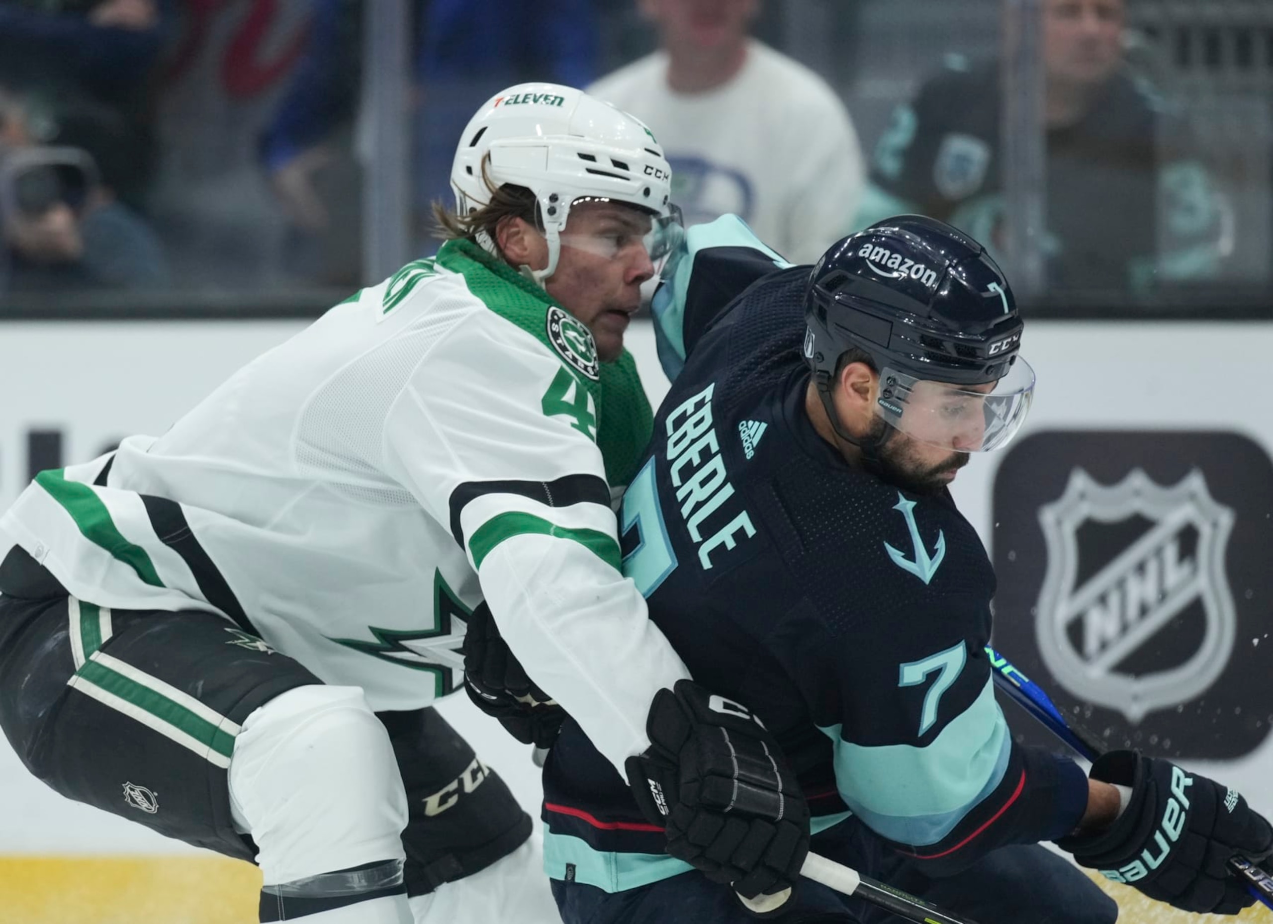 SEATTLE, WA - MAY 07: Dallas Stars defenseman Miro Heiskanen (4) defends against Seattle Kraken right wing Jordan Eberle (7) during an NHL playoff game between the Dallas Stars and the Seattle Kraken on May 7, 2023 at Climate Pledge Arena in Seattle, WA. (Photo by Jeff Halstead/Icon Sportswire via Getty Images)