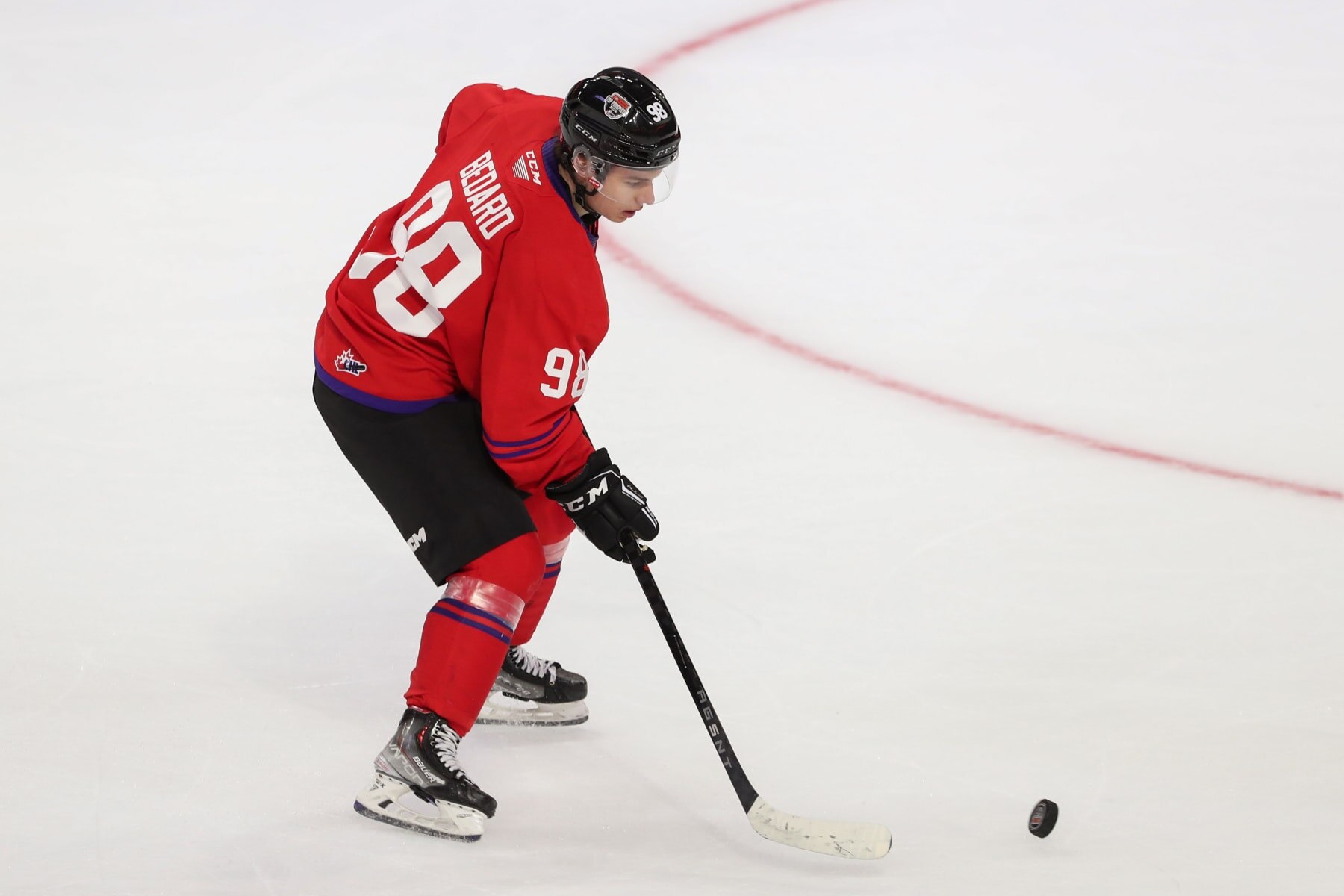 LANGLEY, BRITISH COLUMBIA - JANUARY 25: Forward Connor Bedard #98 of the Regina Pats fires a slapshot for team Red during the 2023 Kubota CHL Top Prospects Game at the Langley Events Centre on January 25, 2023 in Langley, British Columbia. (Photo by Dennis Pajot/Getty Images)