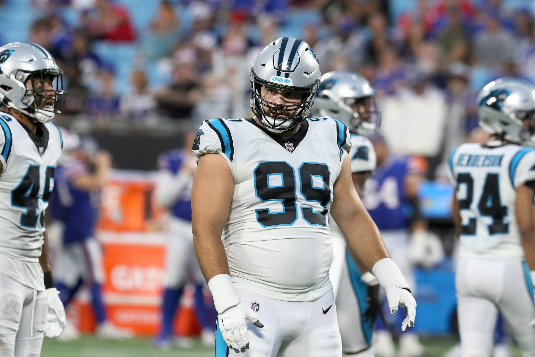 CHARLOTTE, NC - AUGUST 26: Carolina Panthers defensive tackle Matt Ioannidis (99) during a NFL preseason football game between the Buffalo Bills and the Carolina Panthers on August 26, 2022 at Bank of America Stadium in Charlotte, N.C. (Photo by John Byrum/Icon Sportswire via Getty Images)