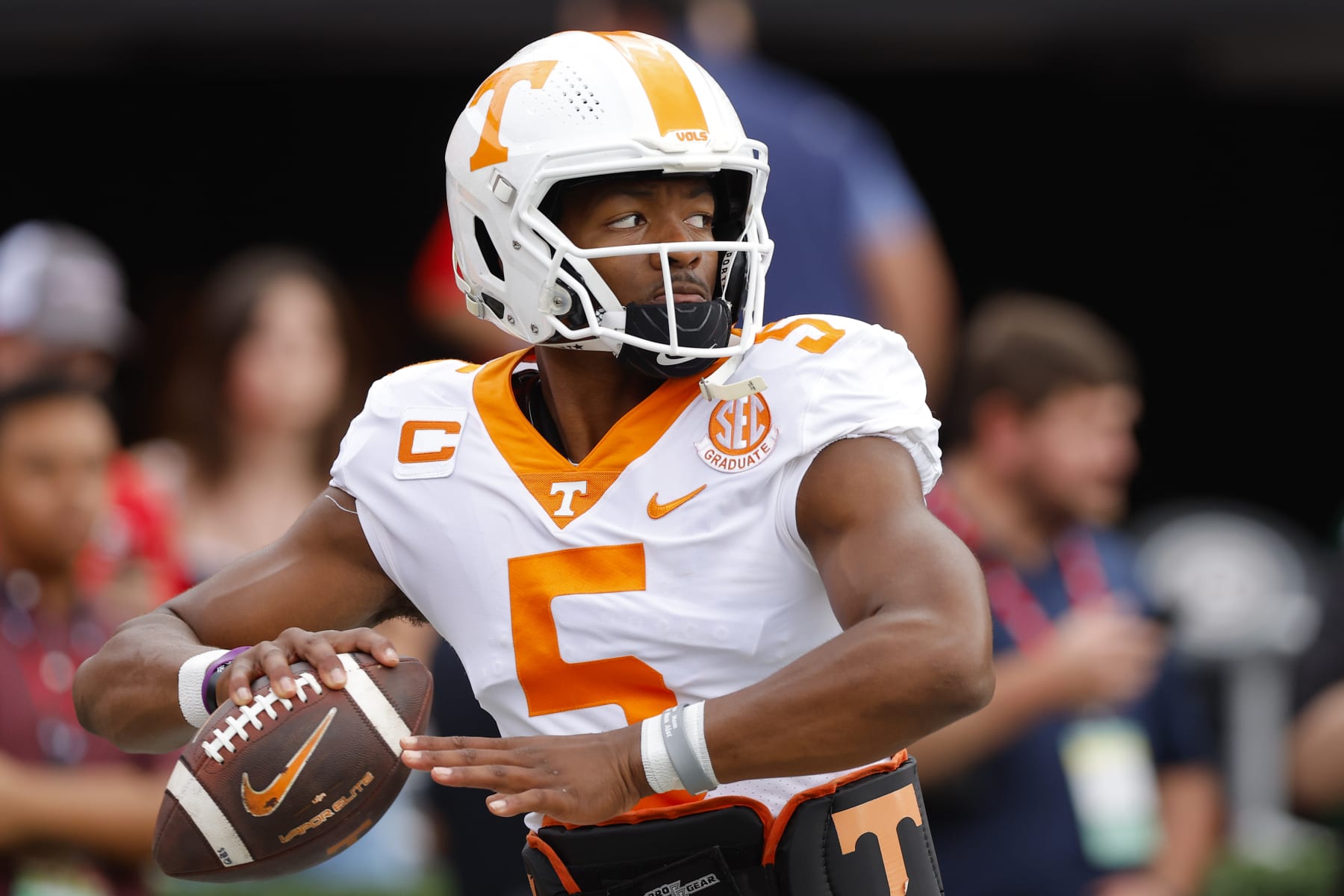 ATHENS, GA - NOVEMBER 05: Hendon Hooker #5 of the Tennessee Volunteers warms up prior to the game against the Georgia Bulldogs at Sanford Stadium on November 5, 2022 in Athens, Georgia. (Photo by Todd Kirkland/Getty Images) ATHENS, GA - NOVEMBER 05: Hendon Hooker #5 of the Tennessee Volunteers warms up prior to the game against the Georgia Bulldogs at Sanford Stadium on November 5, 2022 in Athens, Georgia. (Photo by Todd Kirkland/Getty Images)