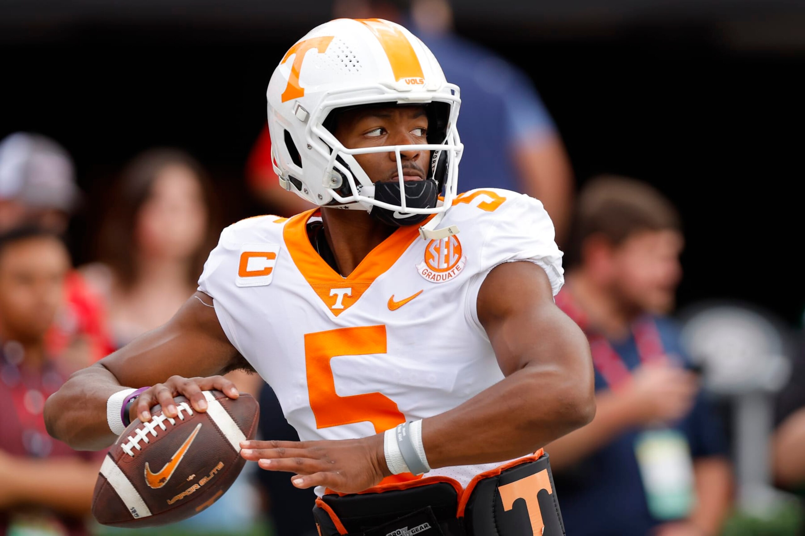 ATHENS, GA - NOVEMBER 05: Hendon Hooker #5 of the Tennessee Volunteers warms up prior to the game against the Georgia Bulldogs at Sanford Stadium on November 5, 2022 in Athens, Georgia. (Photo by Todd Kirkland/Getty Images) ATHENS, GA - NOVEMBER 05: Hendon Hooker #5 of the Tennessee Volunteers warms up prior to the game against the Georgia Bulldogs at Sanford Stadium on November 5, 2022 in Athens, Georgia. (Photo by Todd Kirkland/Getty Images)