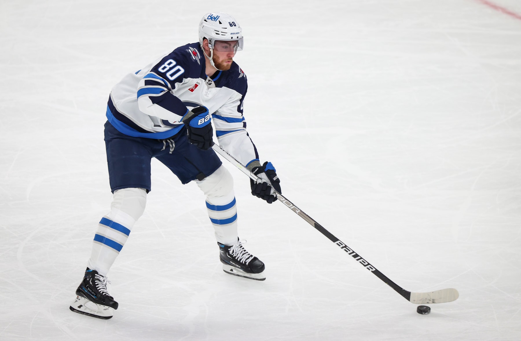 LAS VEGAS, NEVADA - APRIL 18: Pierre-Luc Dubois #80 of the Winnipeg Jets skates during the first period against the Vegas Golden Knights in Game One of the First Round of the 2023 Stanley Cup Playoffs at T-Mobile Arena on April 18, 2023 in Las Vegas, Nevada. (Photo by Zak Krill/NHLI via Getty Images)