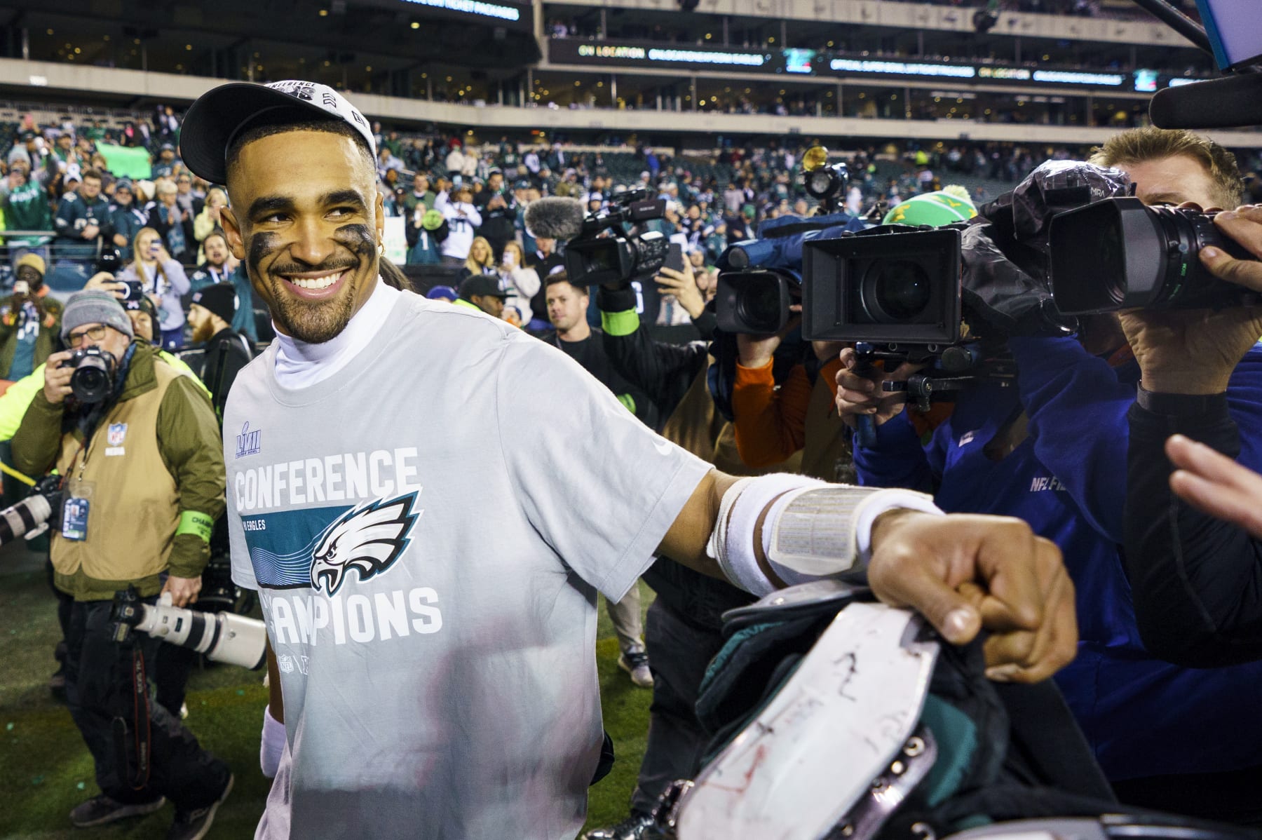 Philadelphia Eagles quarterback Jalen Hurts (1) reacts following the NFC Championship NFL football game against the San Francisco 49ers, Sunday, Jan. 29, 2023, in Philadelphia. (AP Photo/Chris Szagola)