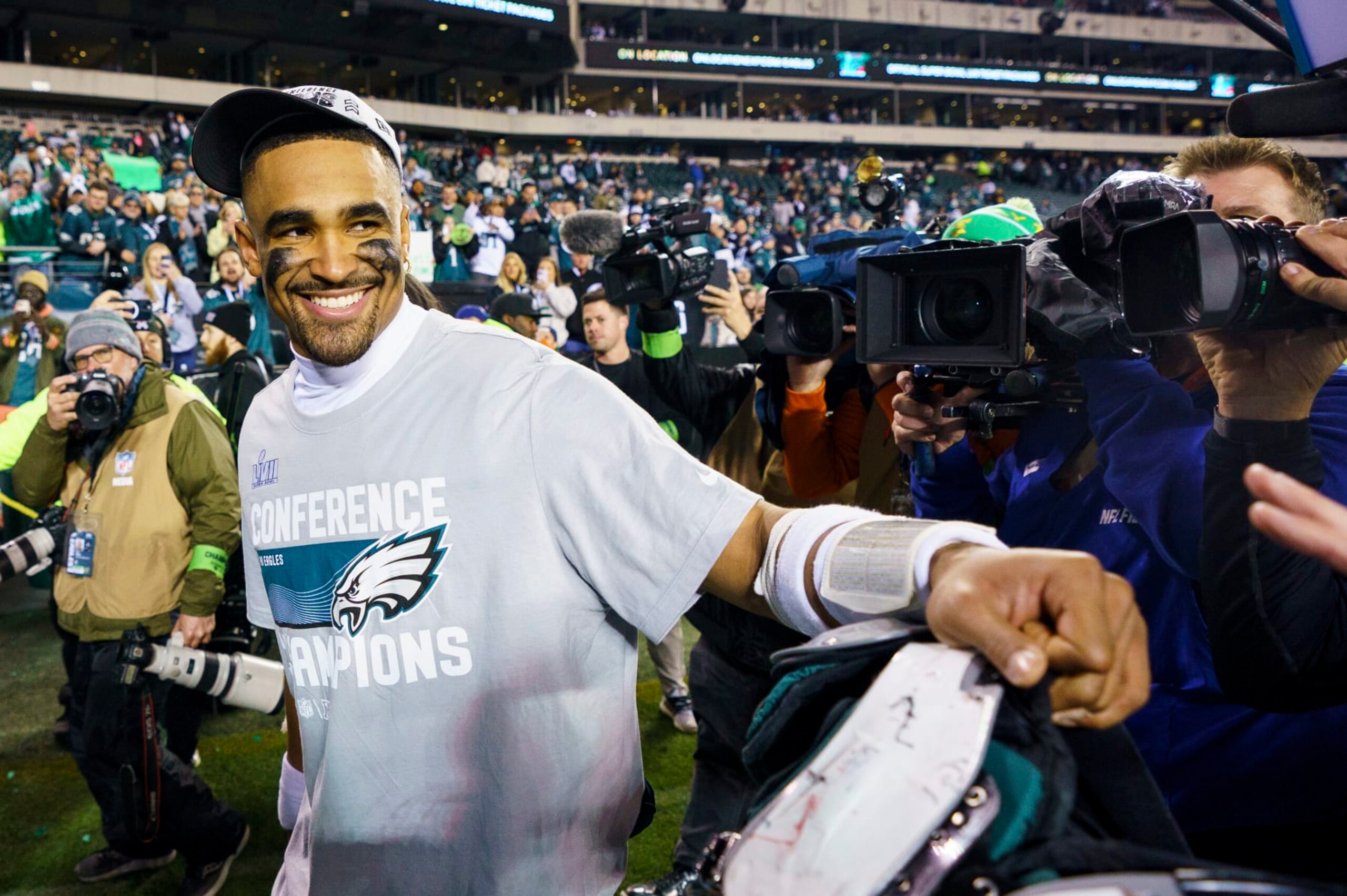 Philadelphia Eagles quarterback Jalen Hurts (1) reacts following the NFC Championship NFL football game against the San Francisco 49ers, Sunday, Jan. 29, 2023, in Philadelphia. (AP Photo/Chris Szagola)