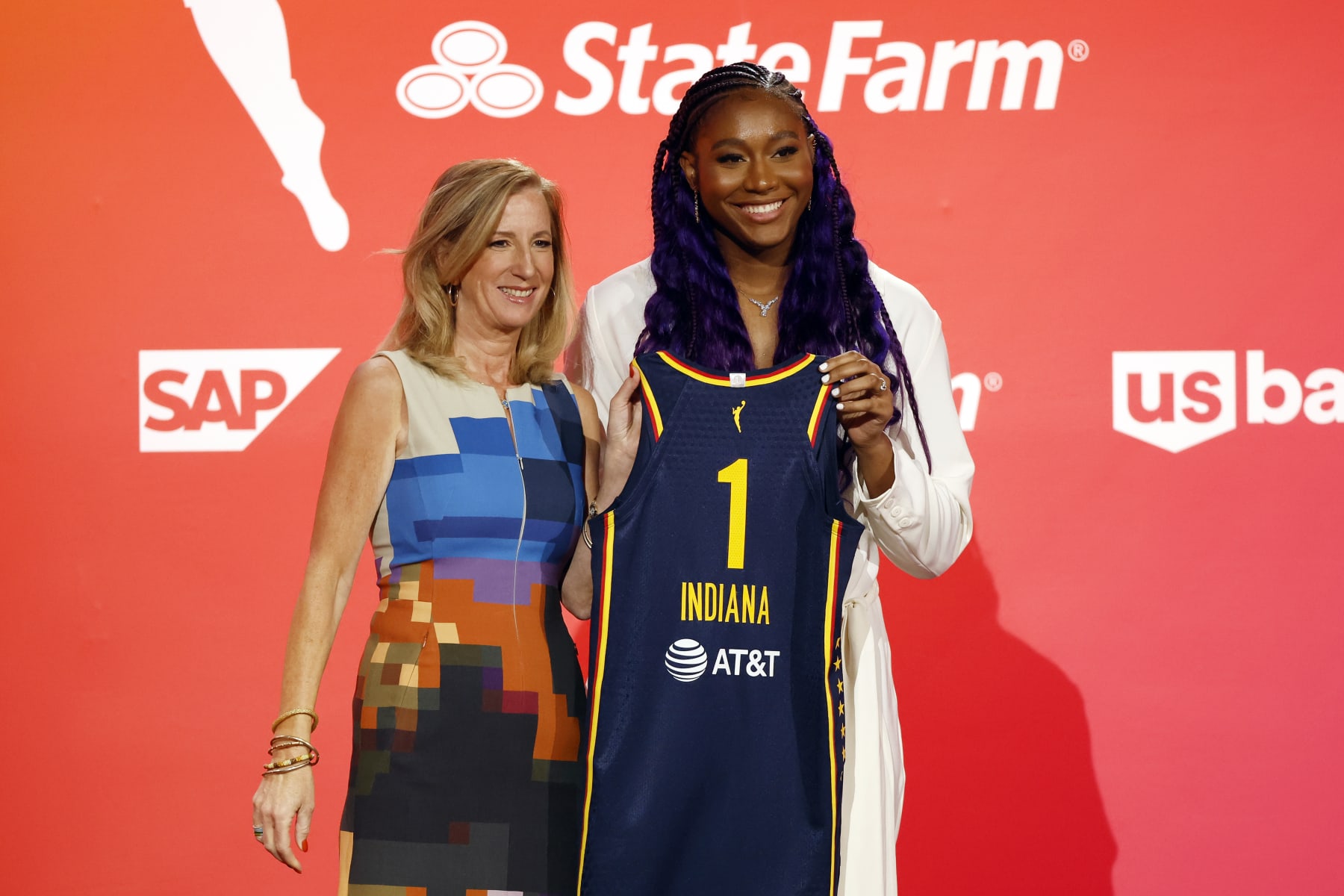 NEW YORK, NEW YORK - APRIL 10: WNBA Commissioner Cathy Engelbert and Aliyah Boston pose for photos after Boston was drafted 1st overall by the Indiana Fever during the 2023 WNBA Draft at Spring Studios on April 10, 2023 in New York City. NOTE TO USER: User expressly acknowledges and agrees that, by downloading and or using this photograph, User is consenting to the terms and conditions of the Getty Images License Agreement. (Photo by Sarah Stier/Getty Images)