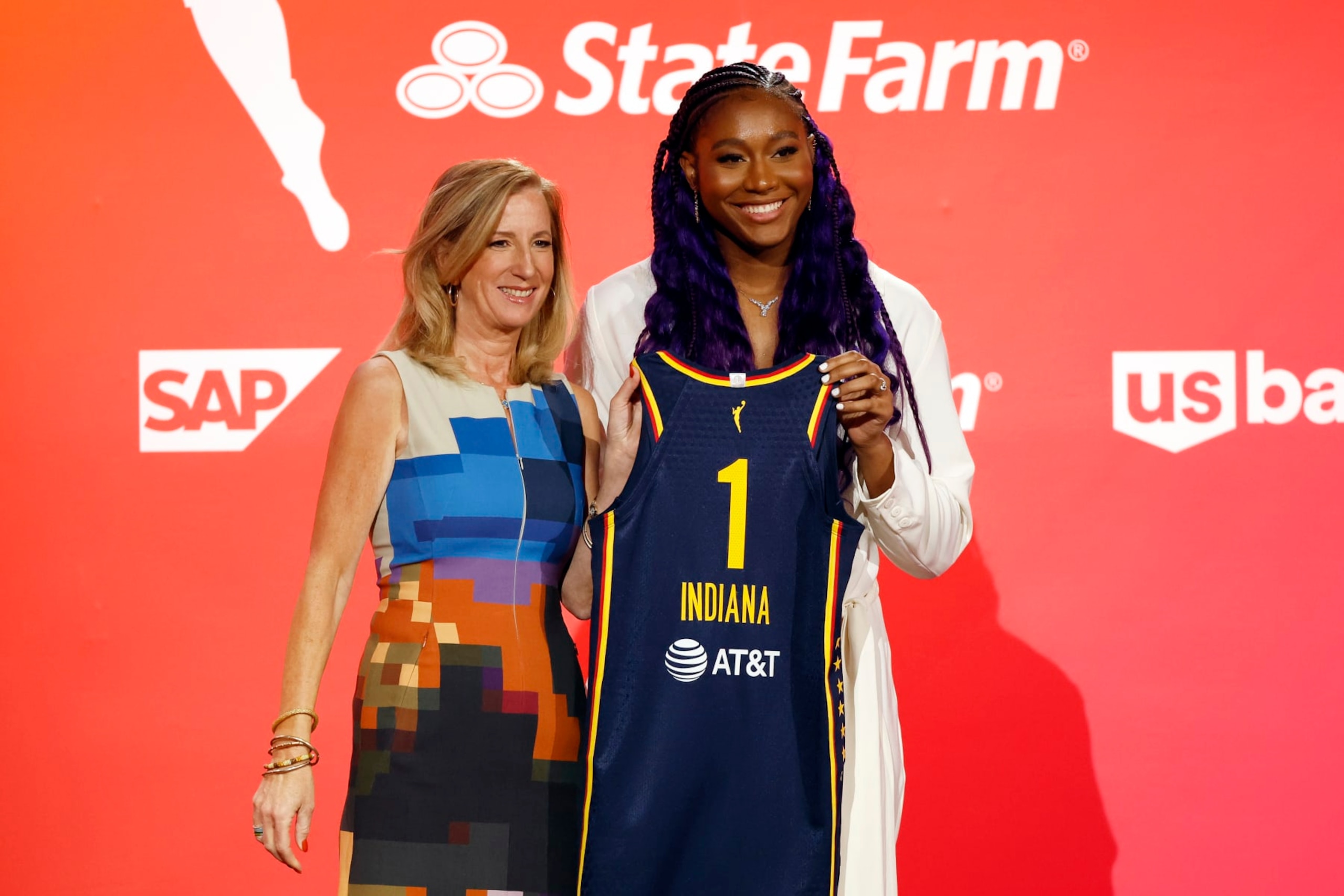 NEW YORK, NEW YORK - APRIL 10: WNBA Commissioner Cathy Engelbert and Aliyah Boston pose for photos after Boston was drafted 1st overall by the Indiana Fever during the 2023 WNBA Draft at Spring Studios on April 10, 2023 in New York City. NOTE TO USER: User expressly acknowledges and agrees that, by downloading and or using this photograph, User is consenting to the terms and conditions of the Getty Images License Agreement. (Photo by Sarah Stier/Getty Images)