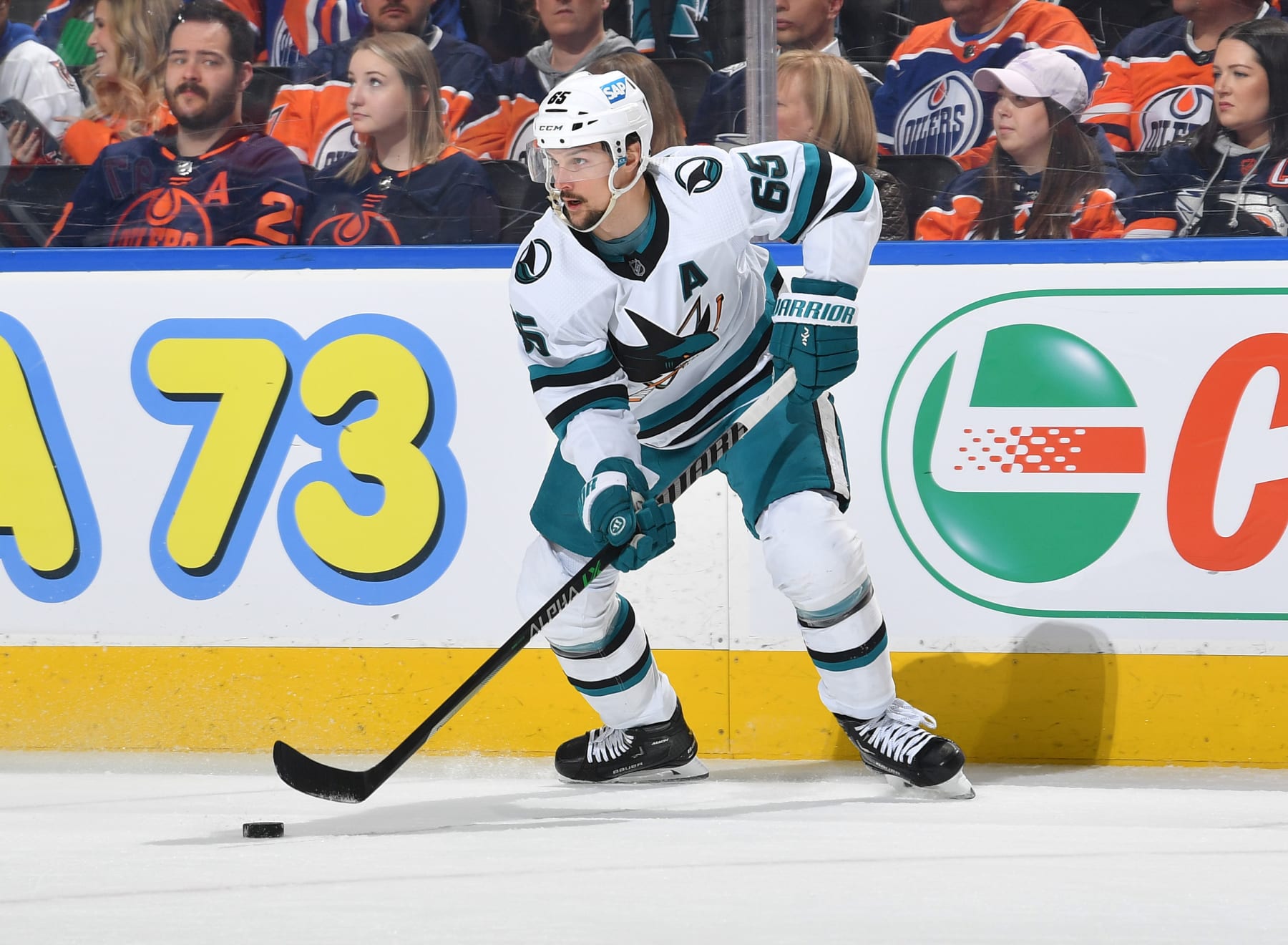 EDMONTON, CANADA - MARCH 20: Erik Karlsson #65 of the San Jose Sharks skates during the game against the Edmonton Oilers on March 20, 2023 at Rogers Place in Edmonton, Alberta, Canada. (Photo by Andy Devlin/NHLI via Getty Images)
