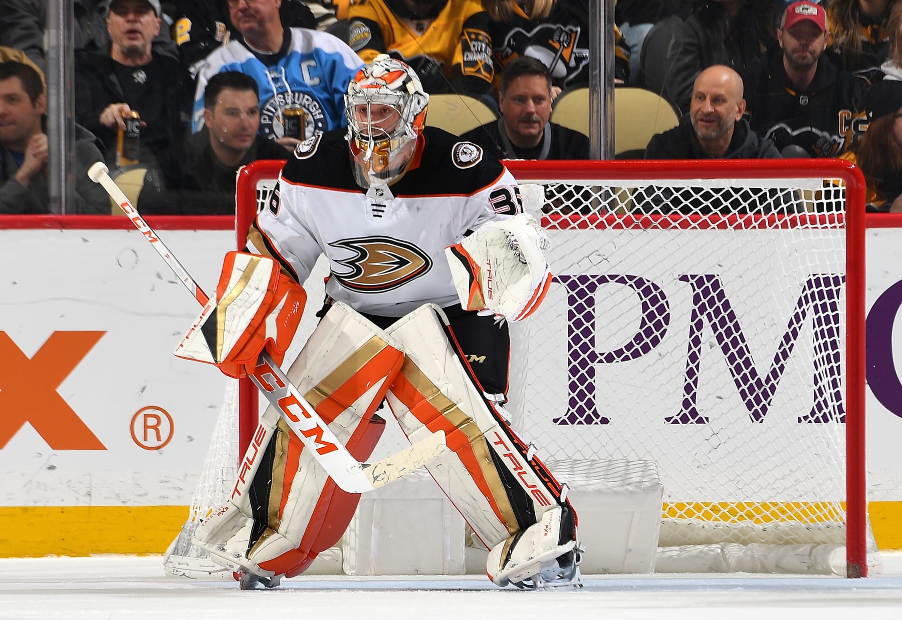 PITTSBURGH, PA - JANUARY 16:  John Gibson #36 of the Anaheim Ducks skates against the Pittsburgh Penguins at PPG PAINTS Arena on January 16, 2023 in Pittsburgh, Pennsylvania. (Photo by Joe Sargent/NHLI via Getty Images)
