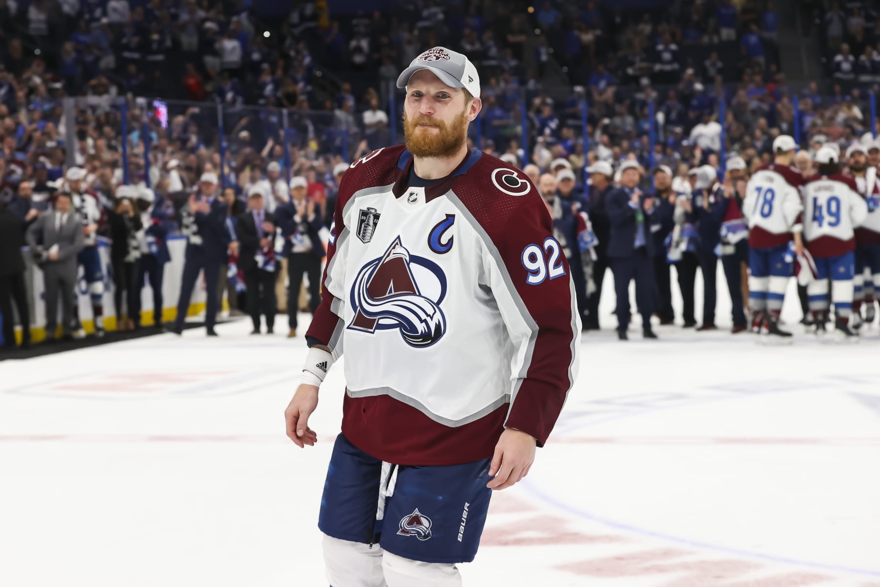 TAMPA, FL - JUNE 26: Gabriel Landeskog #92 and the Colorado Avalanche celebrate winning the Stanley Cup after Game Six of the 2022 Stanley Cup Final at Amalie Arena on June 26, 2022 in Tampa, Florida. The Avalanche defeated the Lightning four games to two. (Photo by Mark LoMoglio/NHLI via Getty Images)