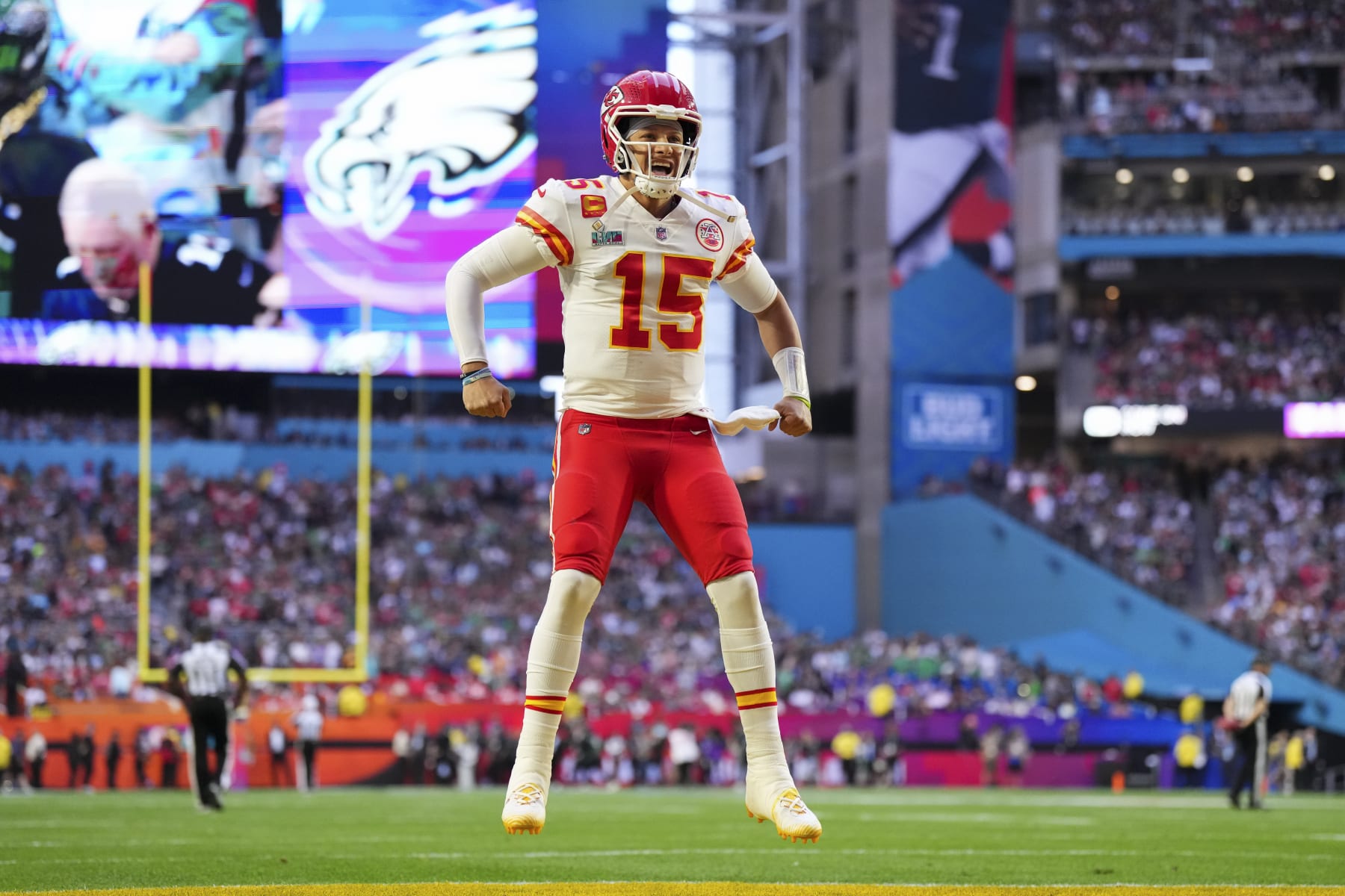 GLENDALE, AZ - FEBRUARY 12: Patrick Mahomes #15 of the Kansas City Chiefs yells against the Philadelphia Eagles after Super Bowl LVII at State Farm Stadium on February 12, 2023 in Glendale, Arizona. The Chiefs defeated the Eagles 38-35. (Photo by Cooper Neill/Getty Images)