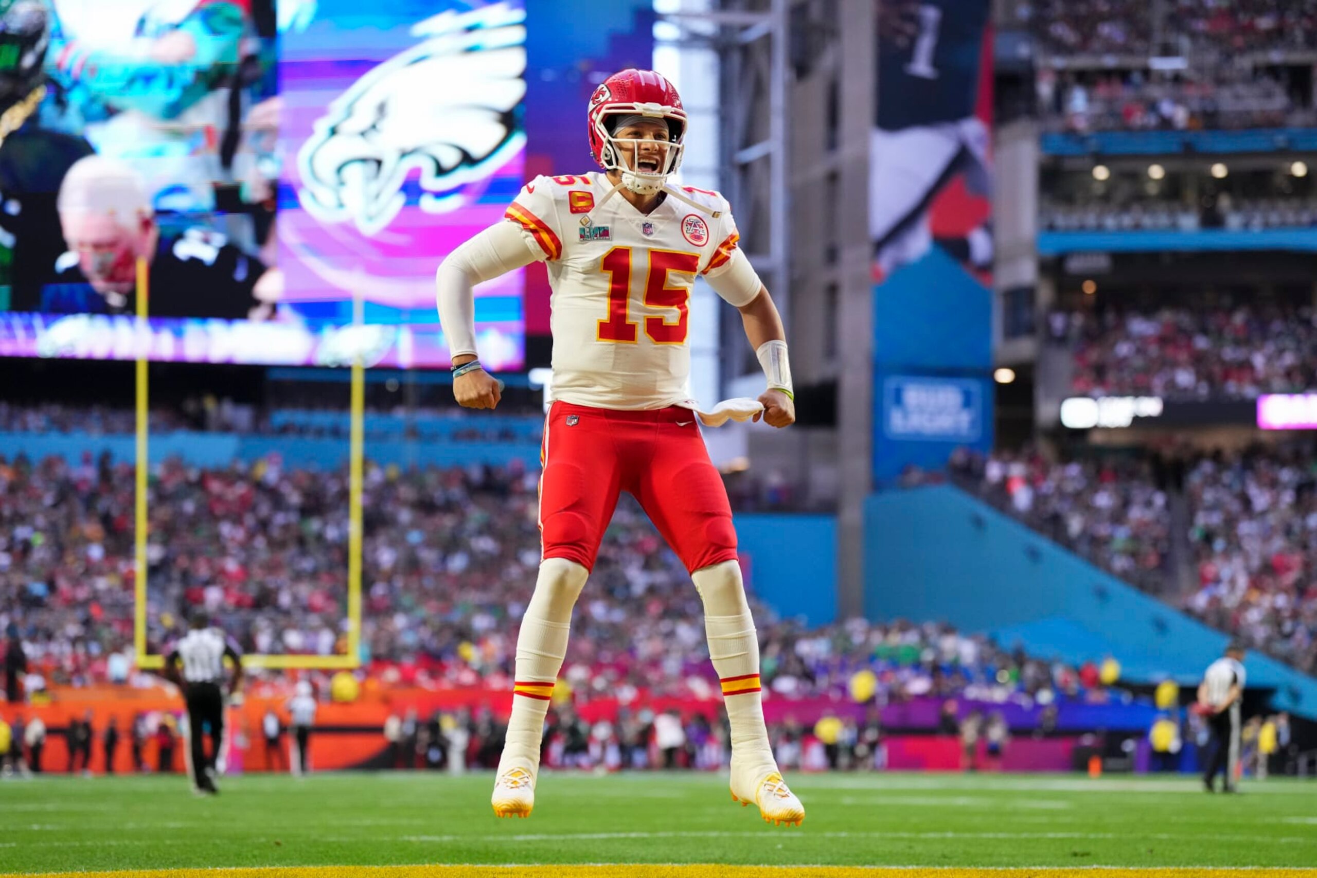GLENDALE, AZ - FEBRUARY 12: Patrick Mahomes #15 of the Kansas City Chiefs yells against the Philadelphia Eagles after Super Bowl LVII at State Farm Stadium on February 12, 2023 in Glendale, Arizona. The Chiefs defeated the Eagles 38-35. (Photo by Cooper Neill/Getty Images)