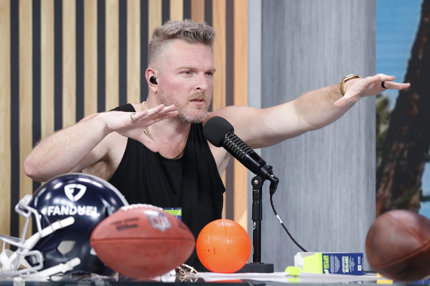 PHOENIX, ARIZONA - FEBRUARY 09: Former NFL player and host Pat McAfee speaks on radio row ahead of Super Bowl LVII at the Phoenix Convention Center on February 9, 2023 in Phoenix, Arizona. (Photo by Mike Lawrie/Getty Images)