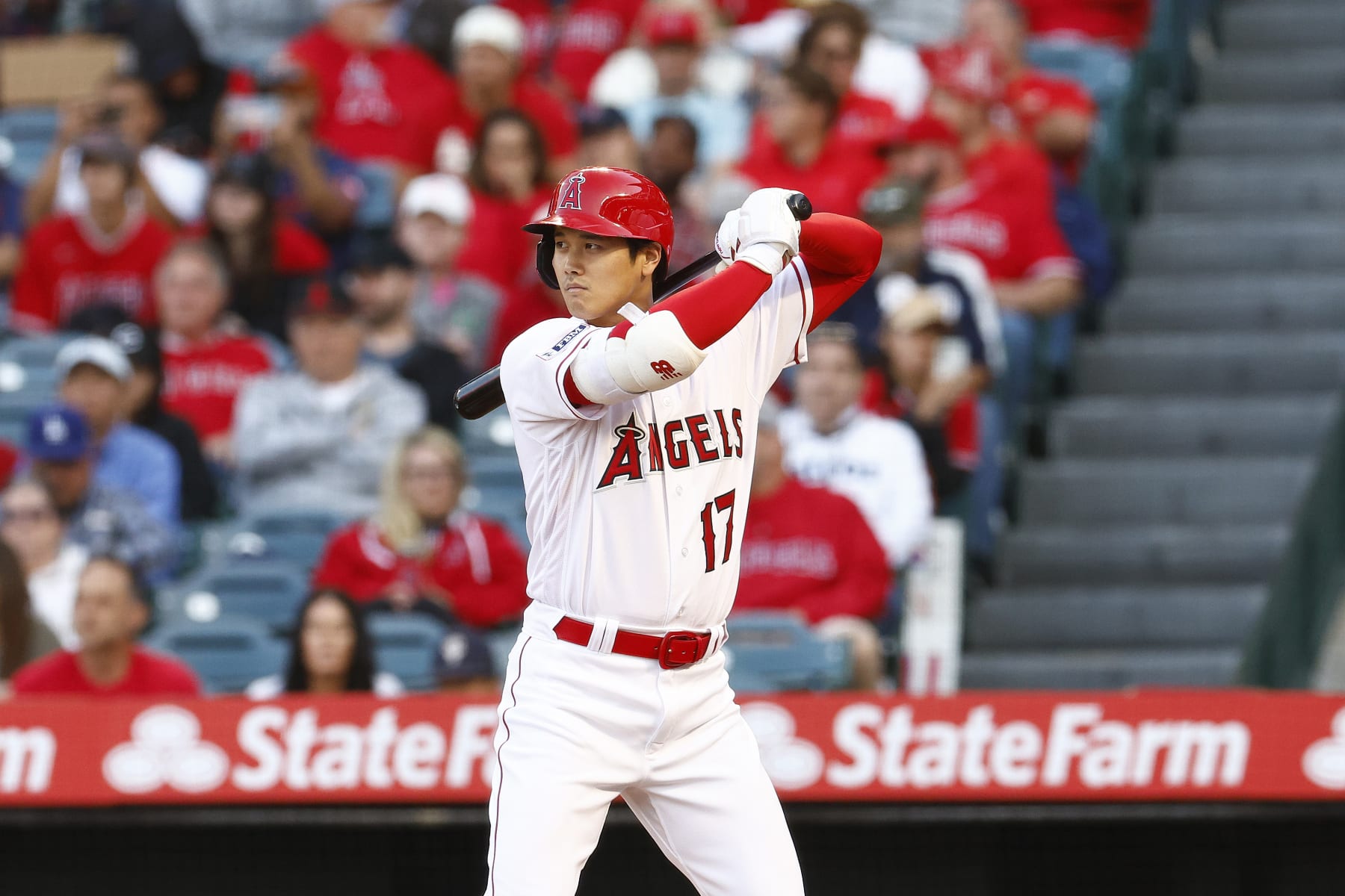 ANAHEIM, CALIFORNIA - MAY 08:  Shohei Ohtani #17 of the Los Angeles Angels at Angel Stadium of Anaheim on May 08, 2023 in Anaheim, California. (Photo by Ronald Martinez/Getty Images)