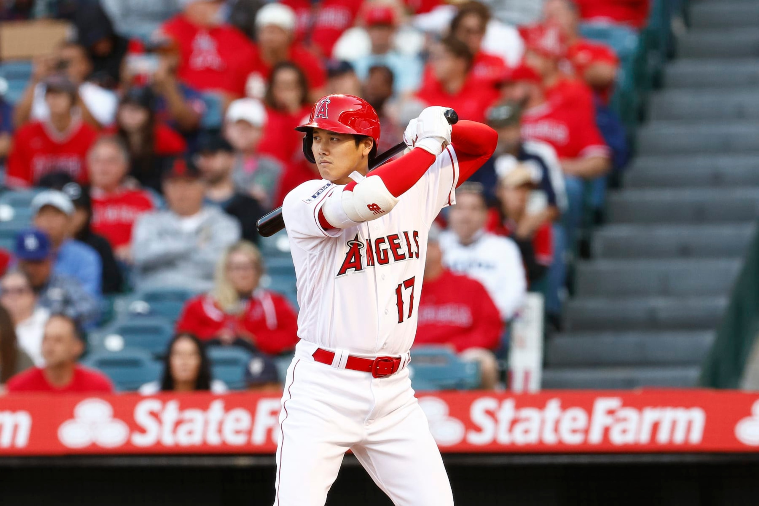 ANAHEIM, CALIFORNIA - MAY 08:  Shohei Ohtani #17 of the Los Angeles Angels at Angel Stadium of Anaheim on May 08, 2023 in Anaheim, California. (Photo by Ronald Martinez/Getty Images)