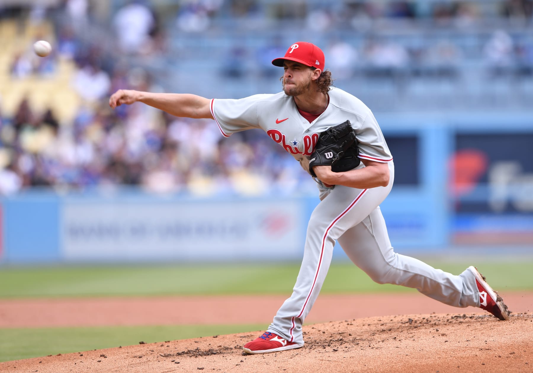 LOS ANGELES, CA - MAY 03: Philadelphia Phillies Pitcher Aaron Nola (27) throws from the mound in the first inning during the game between the Phillies and the Dodgers on May 03, 2023, at Dodger Stadium in Los Angeles, CA. (Photo by David Dennis/Icon Sportswire via Getty Images)