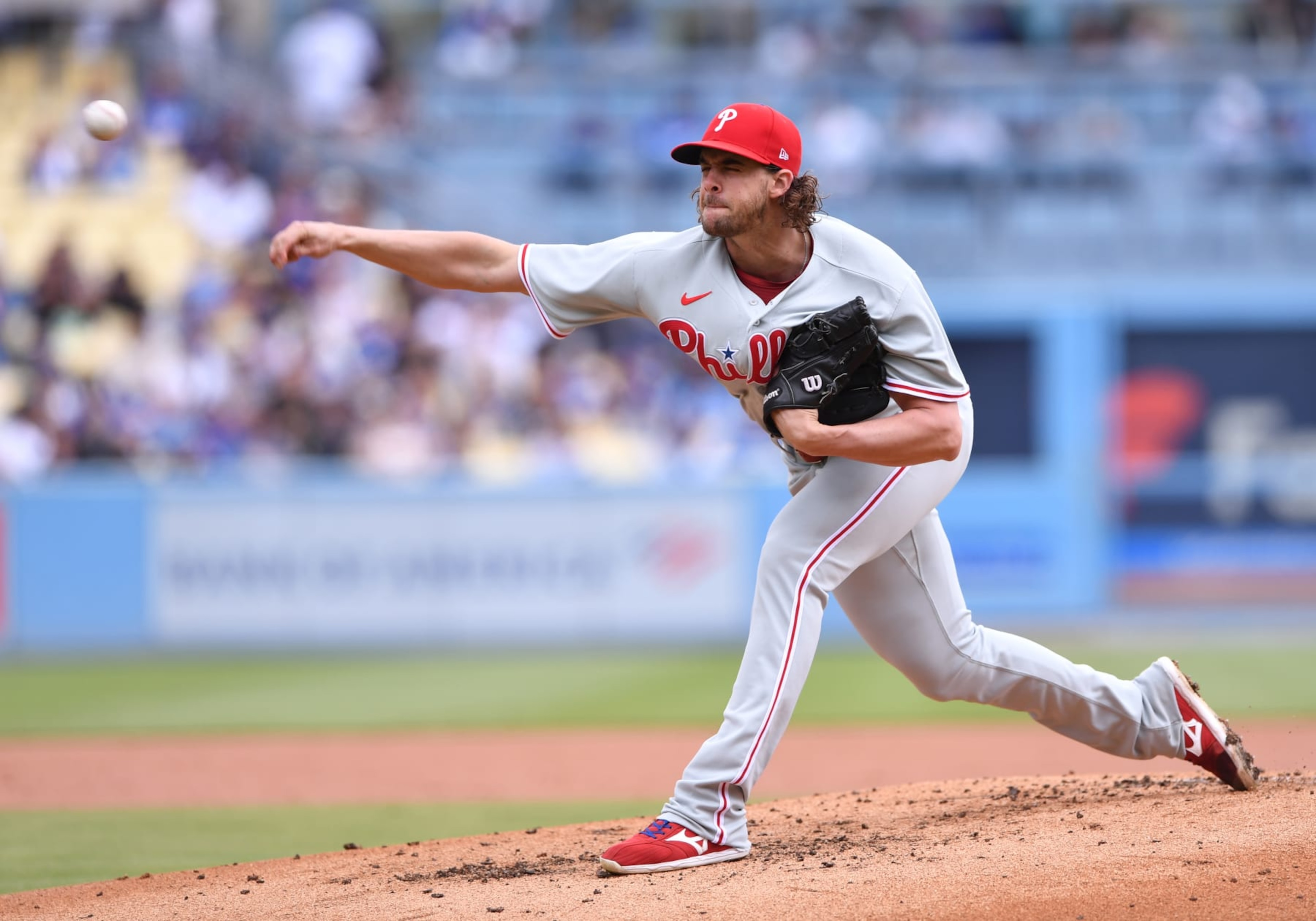 LOS ANGELES, CA - MAY 03: Philadelphia Phillies Pitcher Aaron Nola (27) throws from the mound in the first inning during the game between the Phillies and the Dodgers on May 03, 2023, at Dodger Stadium in Los Angeles, CA. (Photo by David Dennis/Icon Sportswire via Getty Images) LOS ANGELES, CA - MAY 03: Philadelphia Phillies Pitcher Aaron Nola (27) throws from the mound in the first inning during the game between the Phillies and the Dodgers on May 03, 2023, at Dodger Stadium in Los Angeles, CA. (Photo by David Dennis/Icon Sportswire via Getty Images)